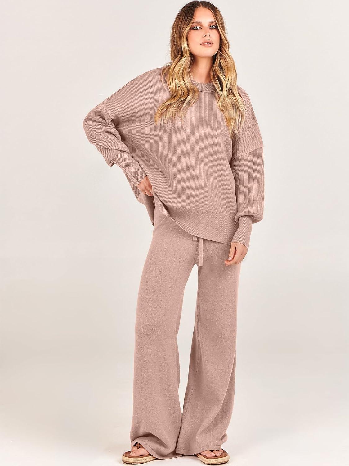 imageANRABESS Womens 2 Piece Outfits Fall Lounge Set 2025 Oversized Chunky Knit Sweater Top Wide Leg Pants Loungewear ClothesPink Apricot
