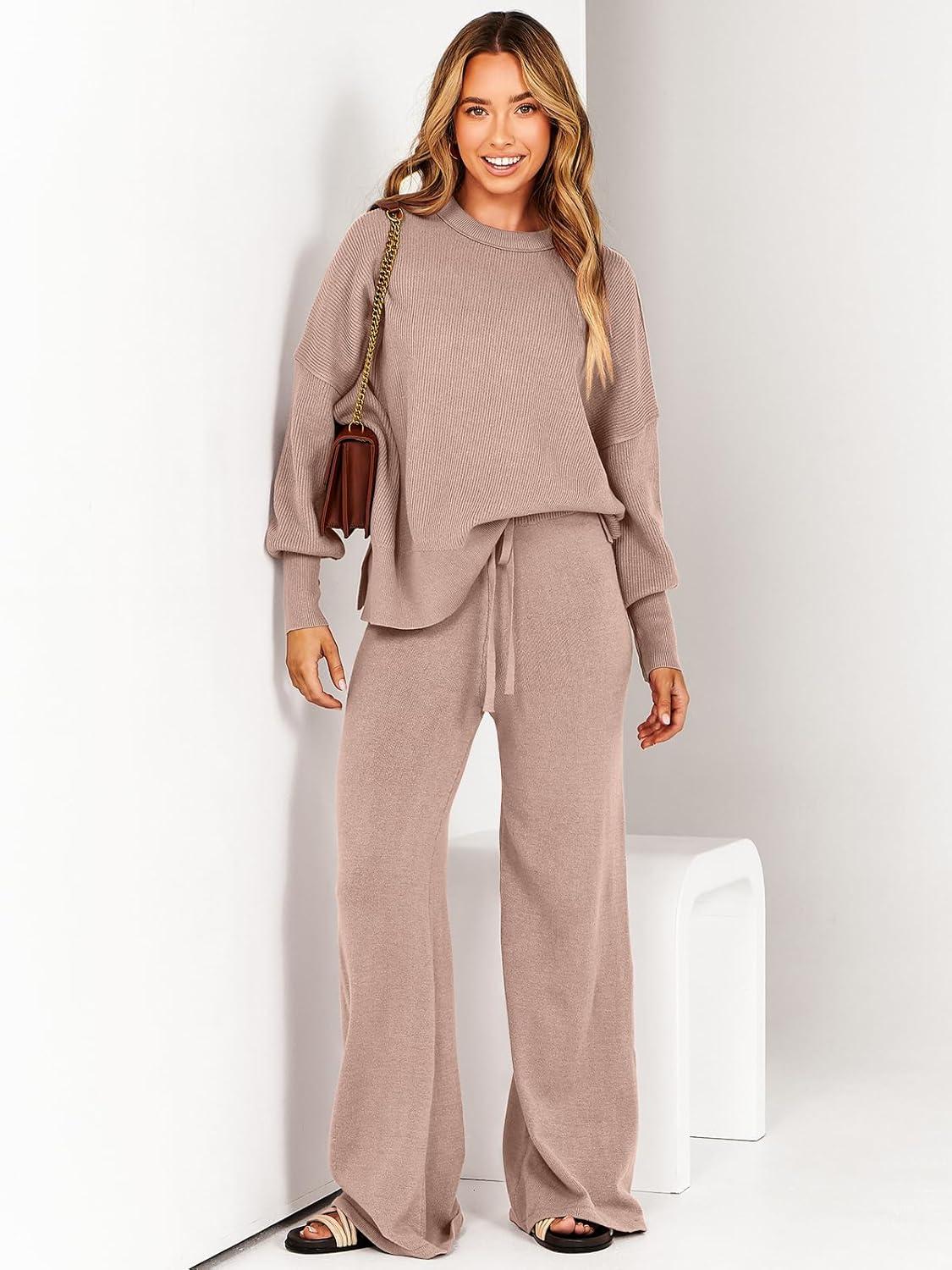 imageANRABESS Womens 2 Piece Outfits Fall Lounge Set 2025 Oversized Chunky Knit Sweater Top Wide Leg Pants Loungewear ClothesPink Apricot