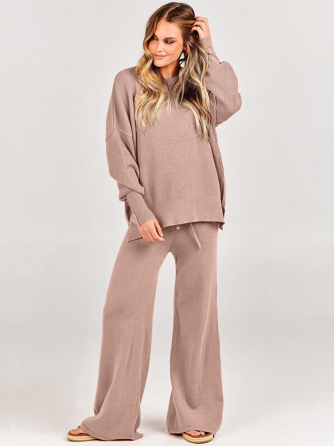 imageANRABESS Womens 2 Piece Outfits Fall Lounge Set 2025 Oversized Chunky Knit Sweater Top Wide Leg Pants Loungewear ClothesPink Apricot