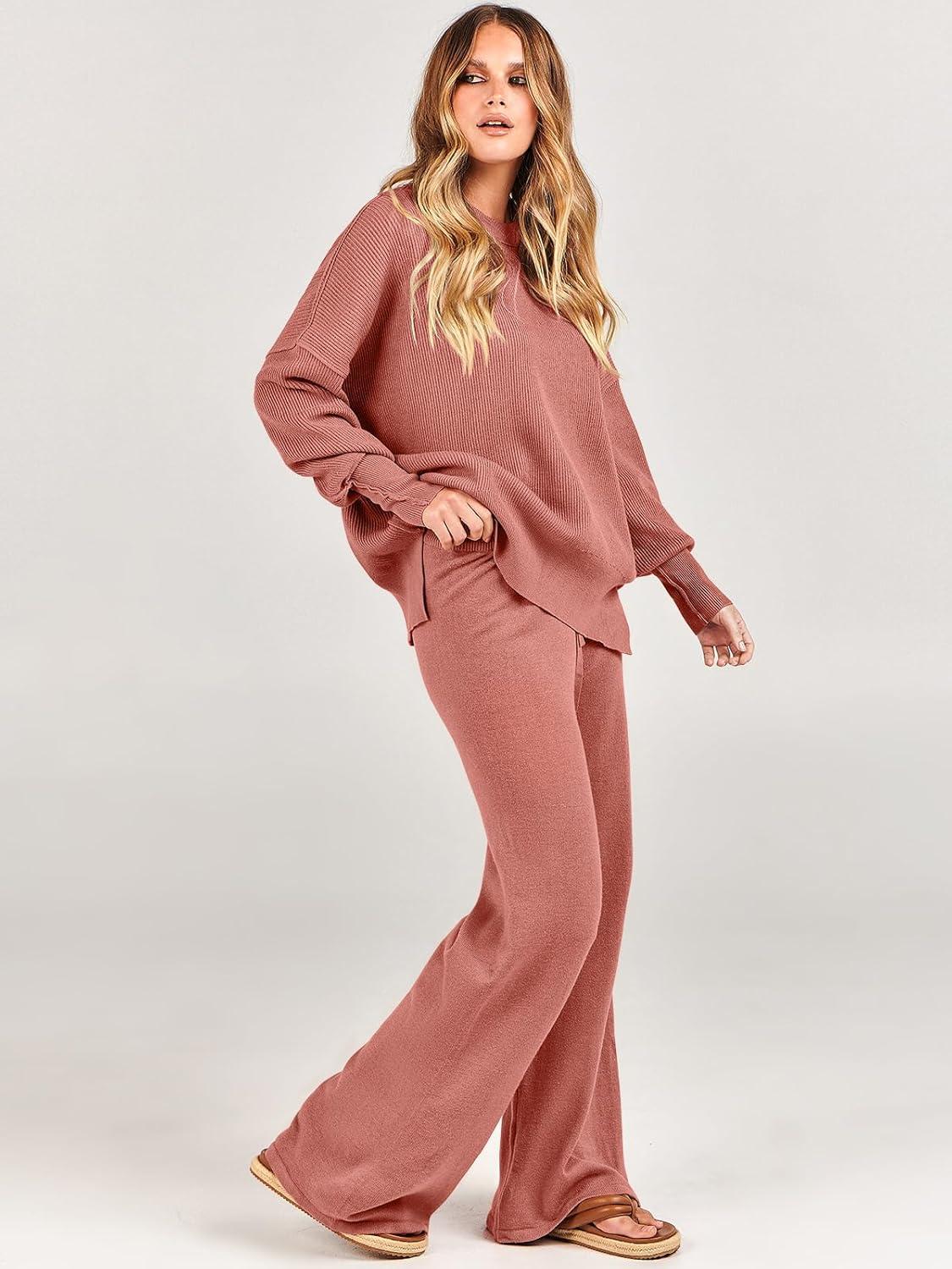 imageANRABESS Womens 2 Piece Outfits Fall Lounge Set 2025 Oversized Chunky Knit Sweater Top Wide Leg Pants Loungewear ClothesRust
