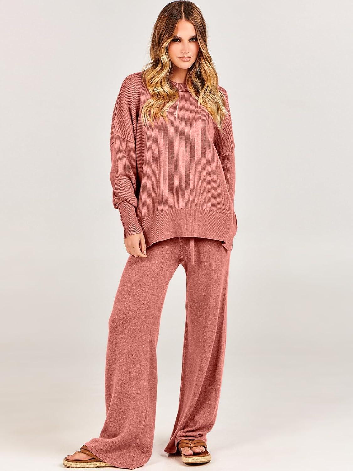 imageANRABESS Womens 2 Piece Outfits Fall Lounge Set 2025 Oversized Chunky Knit Sweater Top Wide Leg Pants Loungewear ClothesRust
