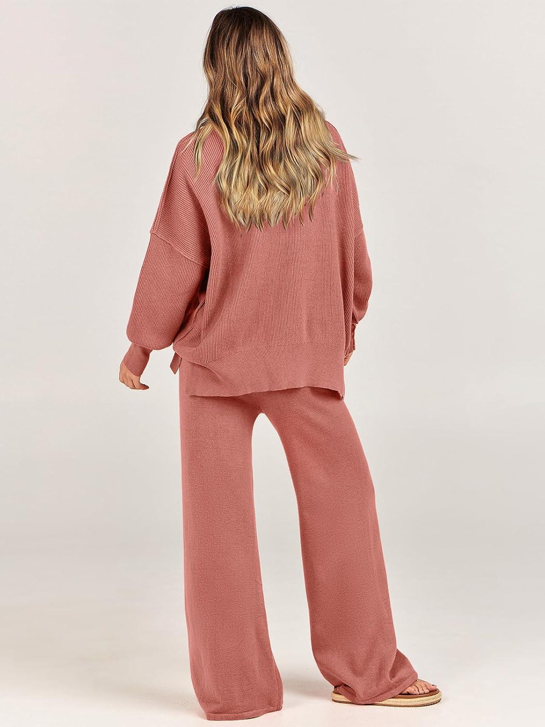 imageANRABESS Womens 2 Piece Outfits Fall Lounge Set 2025 Oversized Chunky Knit Sweater Top Wide Leg Pants Loungewear ClothesRust