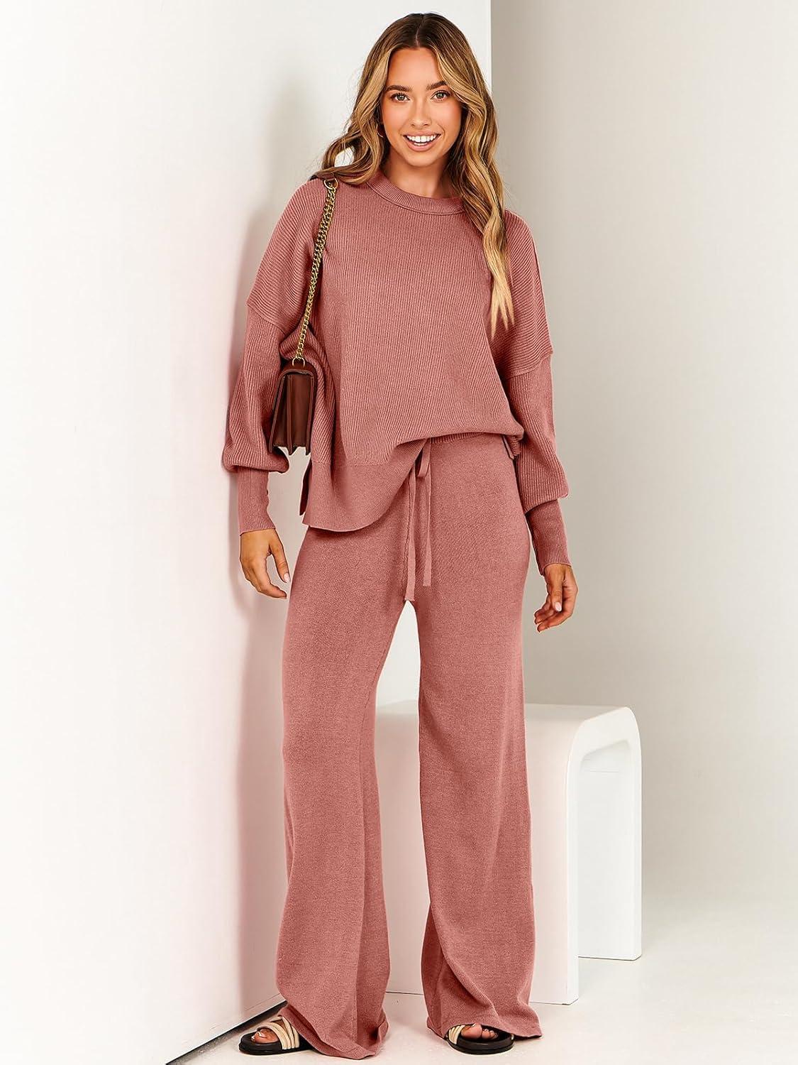 imageANRABESS Womens 2 Piece Outfits Fall Lounge Set 2025 Oversized Chunky Knit Sweater Top Wide Leg Pants Loungewear ClothesRust