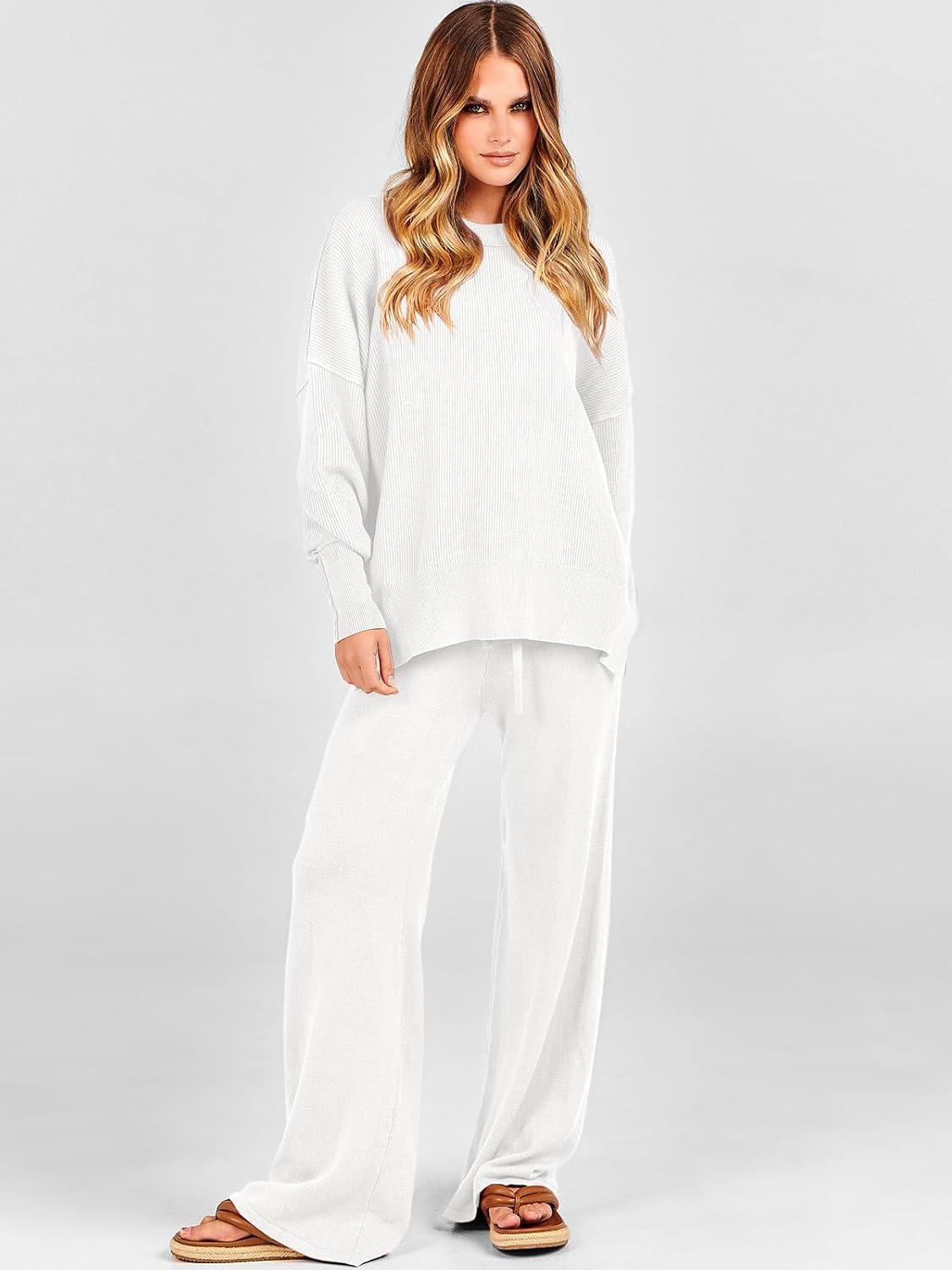 imageANRABESS Womens 2 Piece Outfits Fall Lounge Set 2025 Oversized Chunky Knit Sweater Top Wide Leg Pants Loungewear ClothesWhite