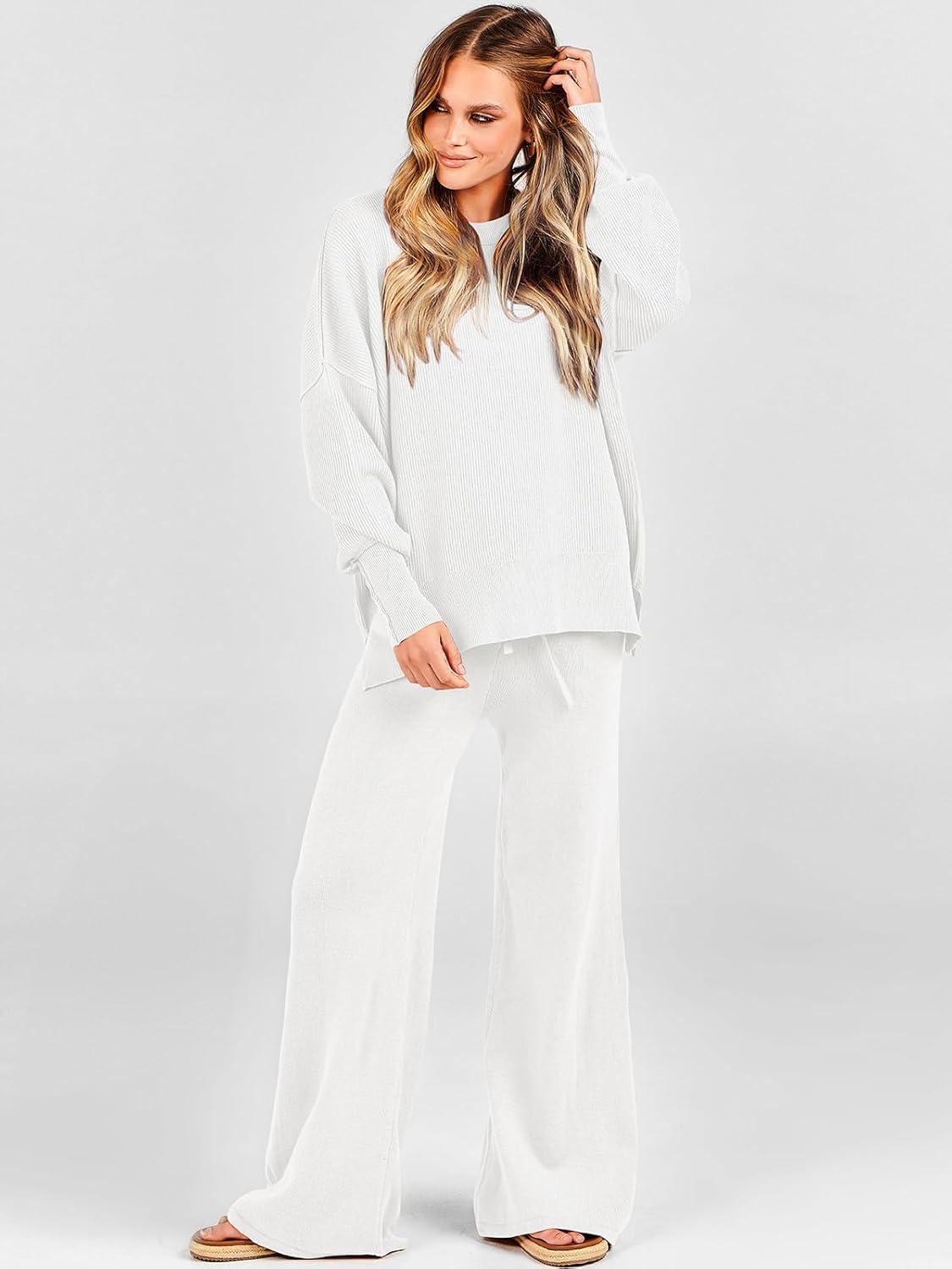 imageANRABESS Womens 2 Piece Outfits Fall Lounge Set 2025 Oversized Chunky Knit Sweater Top Wide Leg Pants Loungewear ClothesWhite