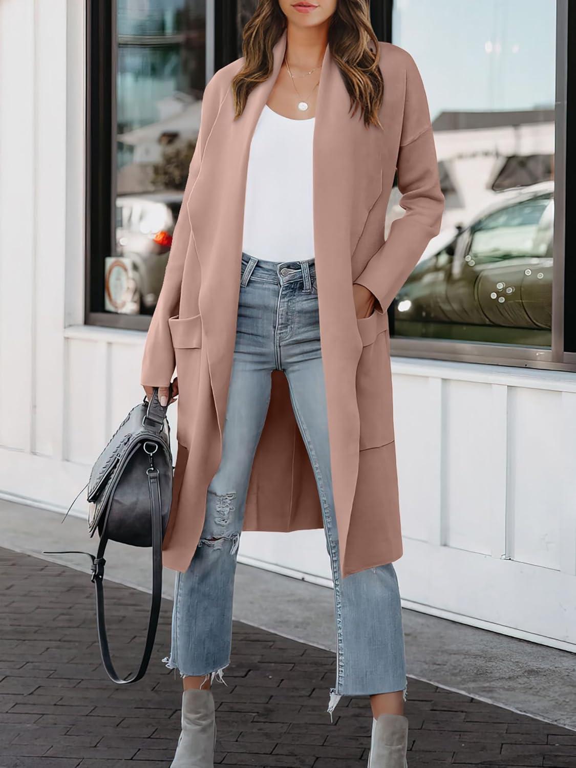 imageANRABESS Womens Long Cardigan Sweater 2025 Fall Fashion Casual Oversized Knit Open Front Coatigan Jacket Coat OutfitsPeach Khaki