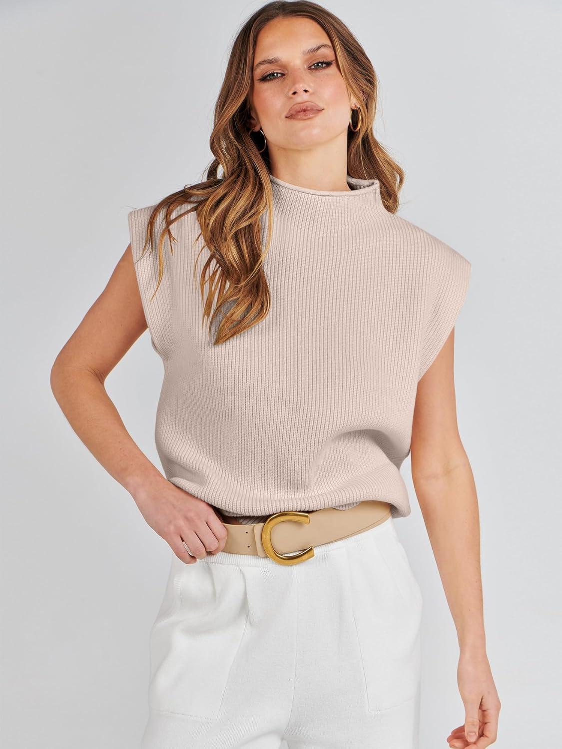 imageANRABESS Womens Mock Neck Sleeveless Sweater Vest Casual Cap Sleeve Knit Pullover Tank Tops 2025 Fall ClothesApricot