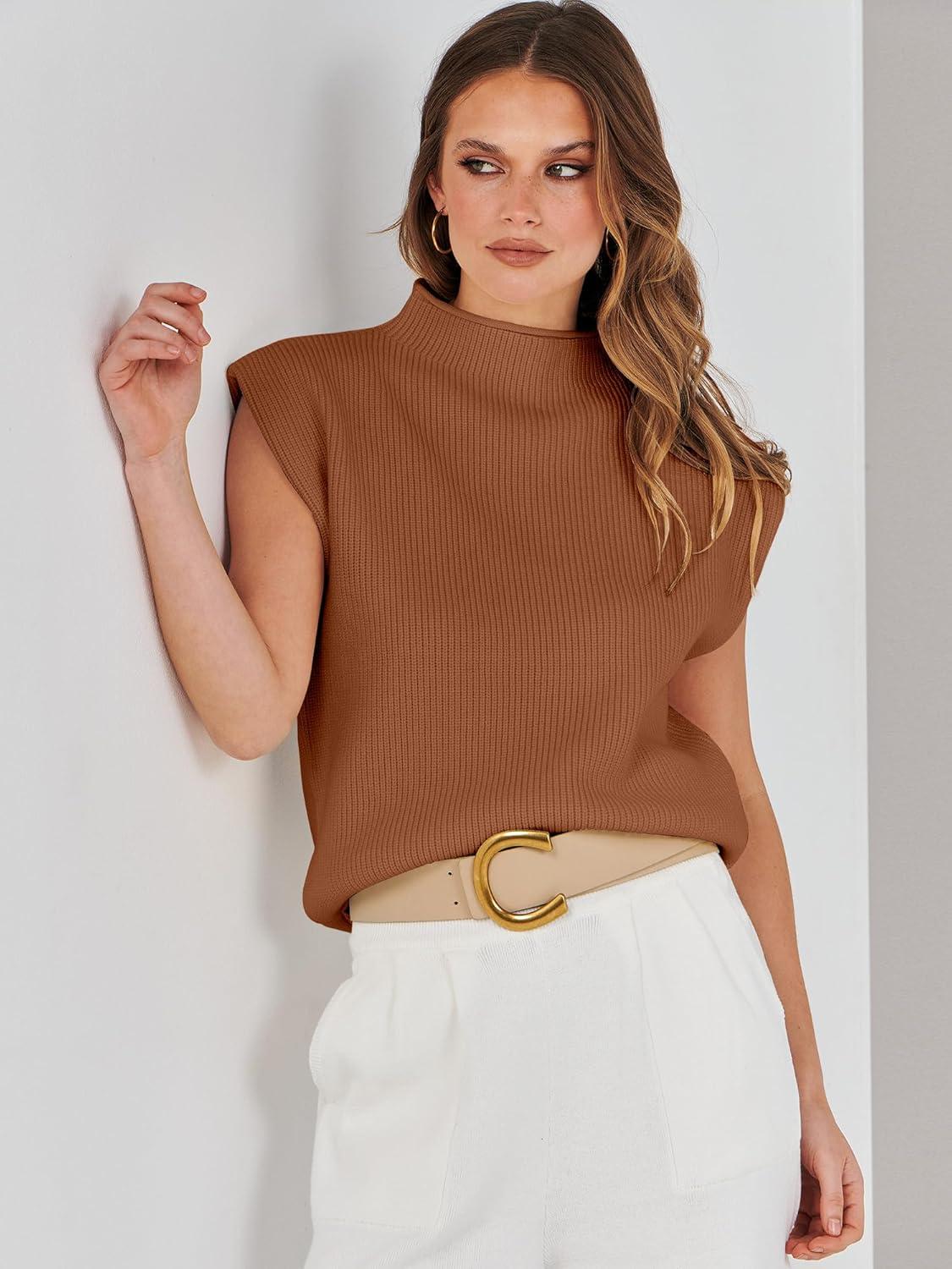 imageANRABESS Womens Mock Neck Sleeveless Sweater Vest Casual Cap Sleeve Knit Pullover Tank Tops 2025 Fall ClothesCaramel