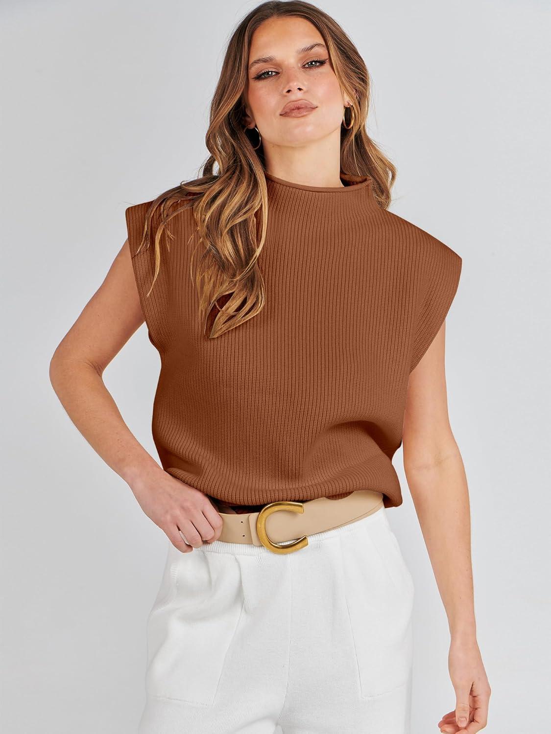 imageANRABESS Womens Mock Neck Sleeveless Sweater Vest Casual Cap Sleeve Knit Pullover Tank Tops 2025 Fall ClothesCaramel