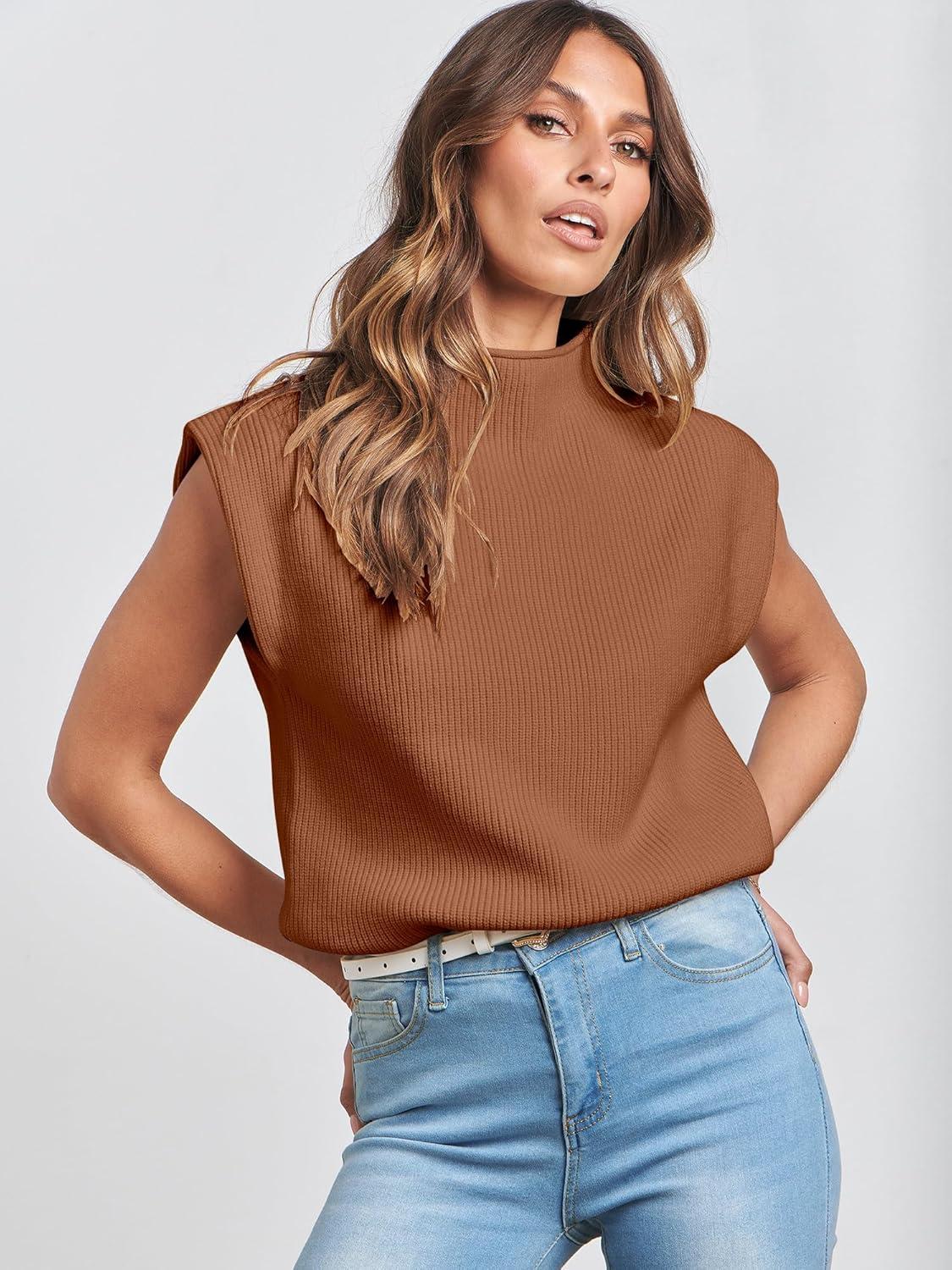 imageANRABESS Womens Mock Neck Sleeveless Sweater Vest Casual Cap Sleeve Knit Pullover Tank Tops 2025 Fall ClothesCaramel