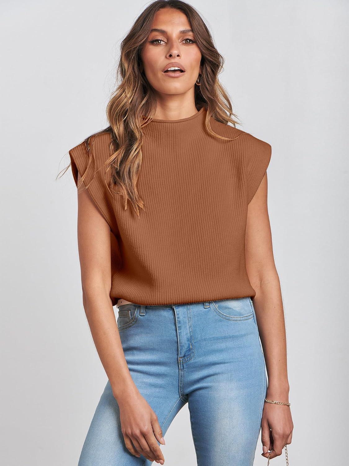 imageANRABESS Womens Mock Neck Sleeveless Sweater Vest Casual Cap Sleeve Knit Pullover Tank Tops 2025 Fall ClothesCaramel