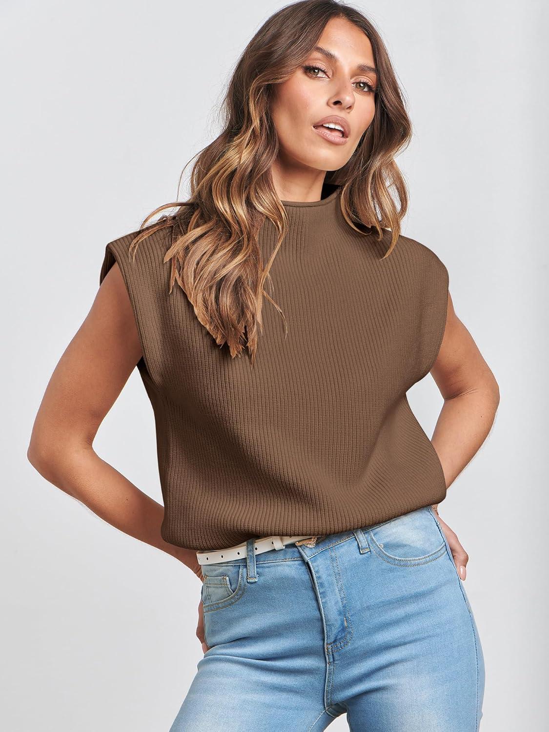 imageANRABESS Womens Mock Neck Sleeveless Sweater Vest Casual Cap Sleeve Knit Pullover Tank Tops 2025 Fall ClothesDeep Brown