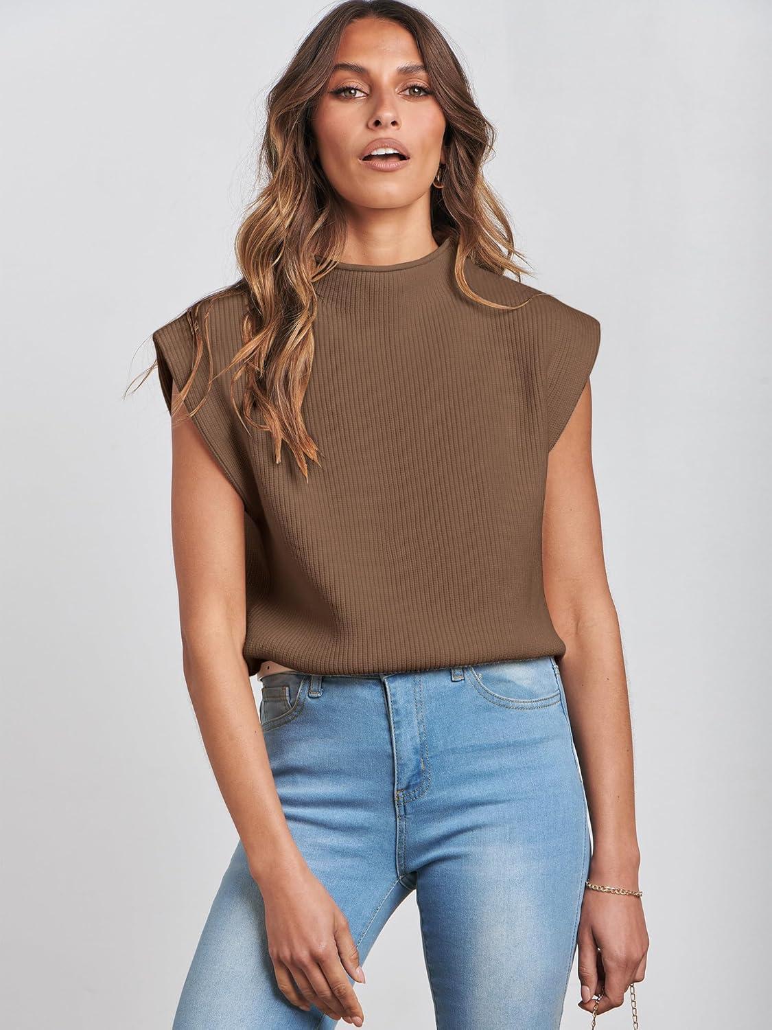 imageANRABESS Womens Mock Neck Sleeveless Sweater Vest Casual Cap Sleeve Knit Pullover Tank Tops 2025 Fall ClothesDeep Brown