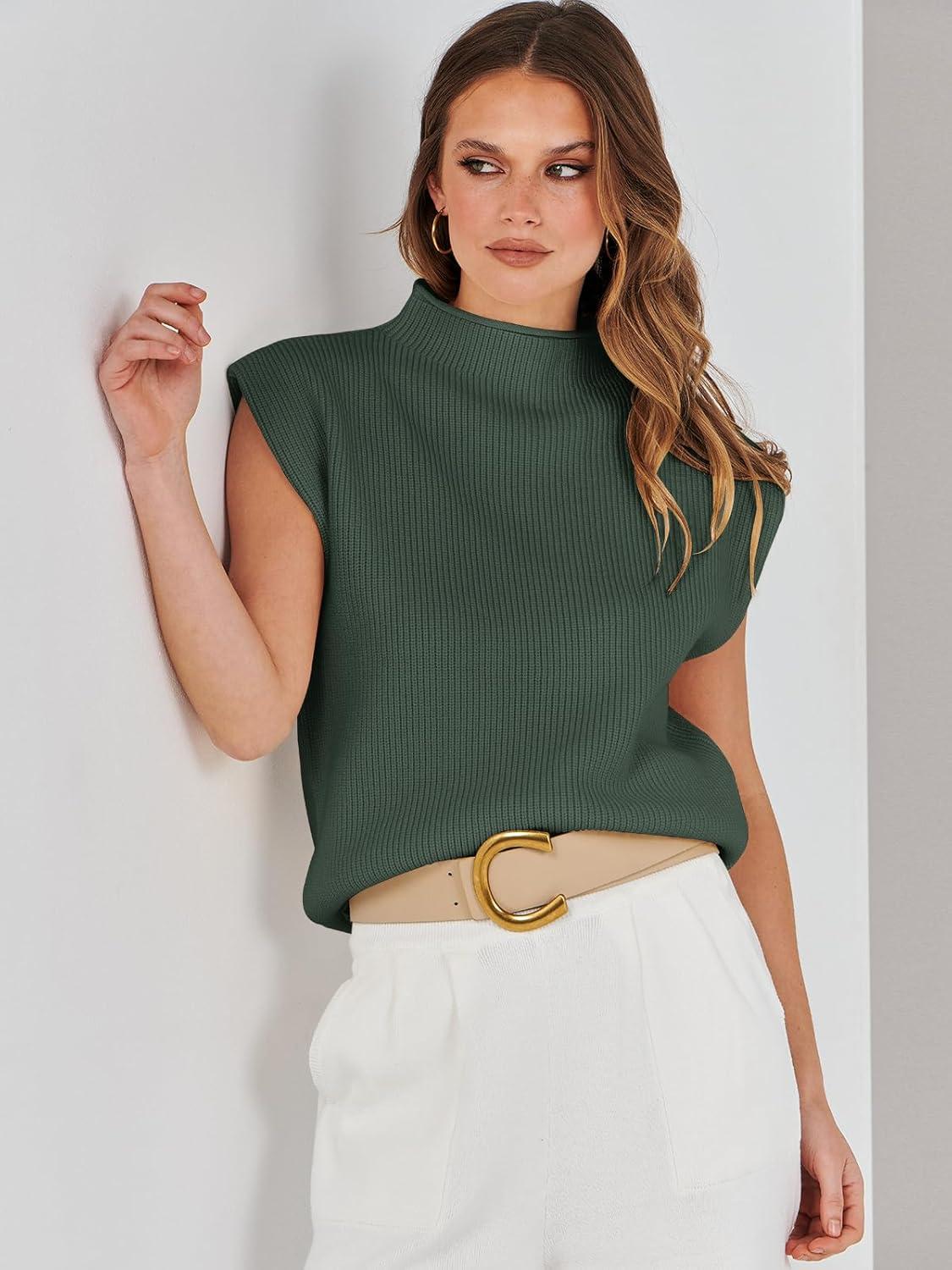 imageANRABESS Womens Mock Neck Sleeveless Sweater Vest Casual Cap Sleeve Knit Pullover Tank Tops 2025 Fall ClothesGreen