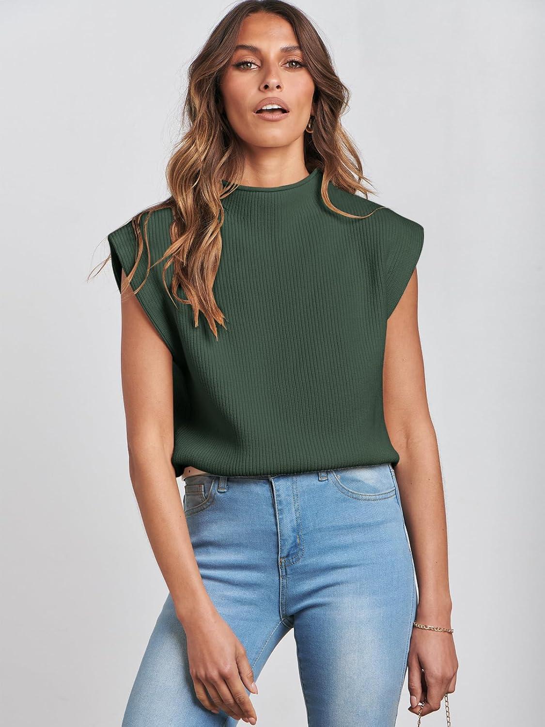 imageANRABESS Womens Mock Neck Sleeveless Sweater Vest Casual Cap Sleeve Knit Pullover Tank Tops 2025 Fall ClothesGreen