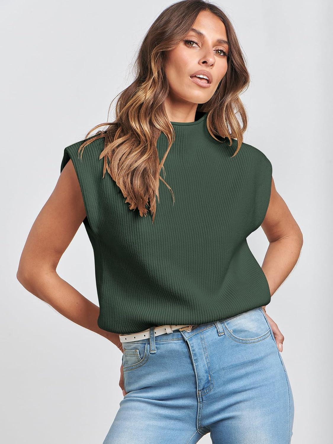 imageANRABESS Womens Mock Neck Sleeveless Sweater Vest Casual Cap Sleeve Knit Pullover Tank Tops 2025 Fall ClothesGreen