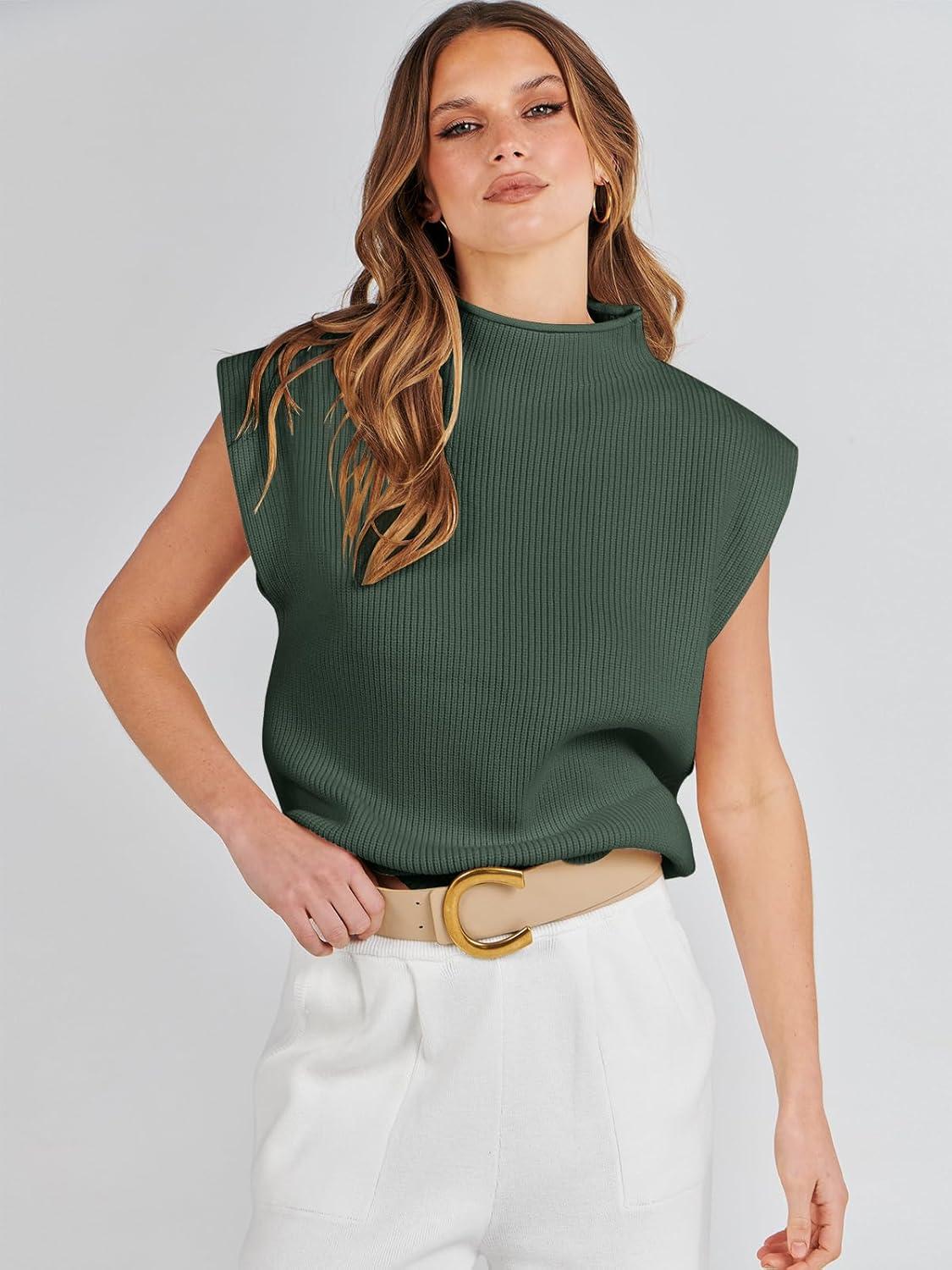 imageANRABESS Womens Mock Neck Sleeveless Sweater Vest Casual Cap Sleeve Knit Pullover Tank Tops 2025 Fall ClothesGreen