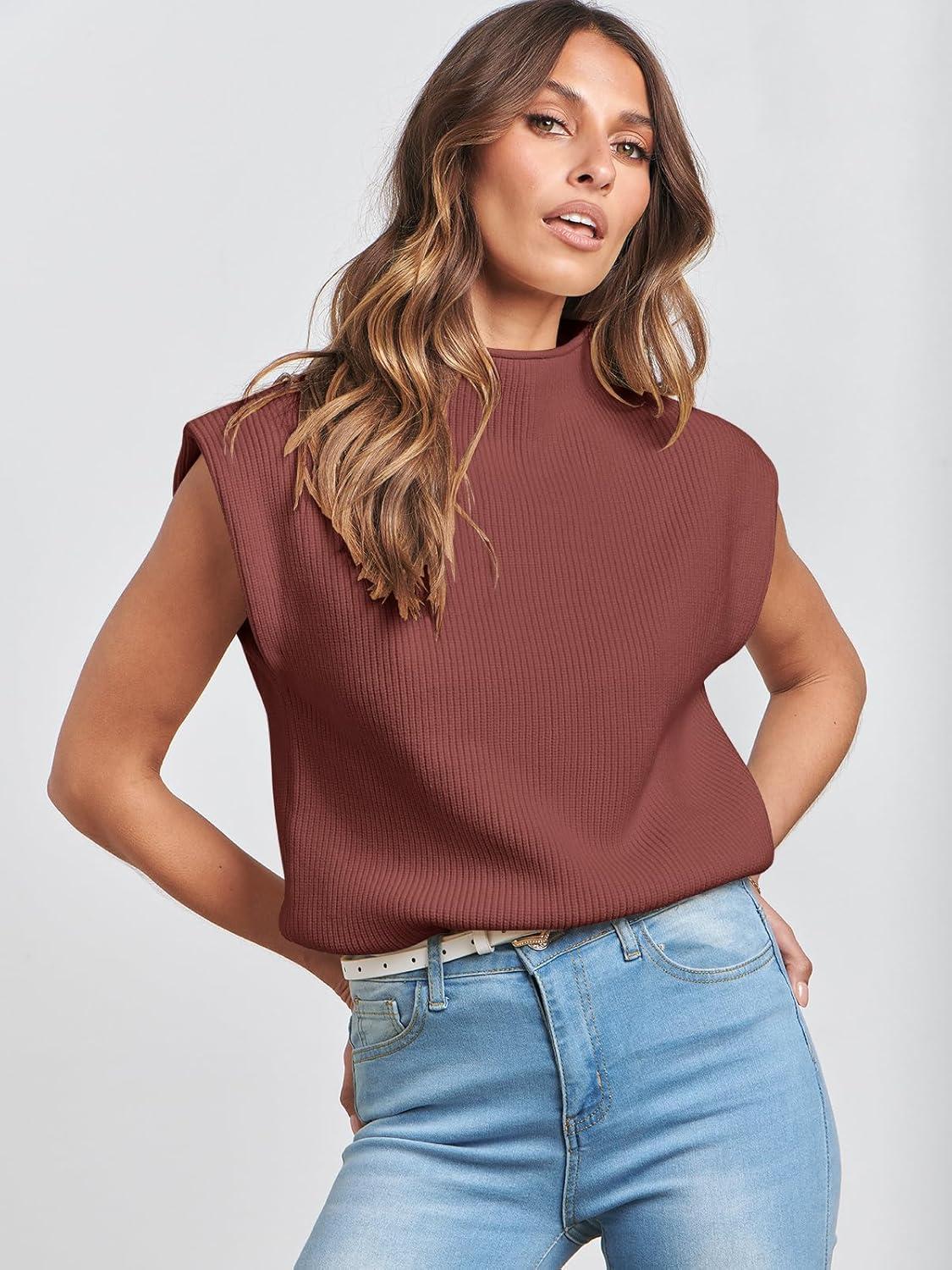 imageANRABESS Womens Mock Neck Sleeveless Sweater Vest Casual Cap Sleeve Knit Pullover Tank Tops 2025 Fall ClothesMaroon