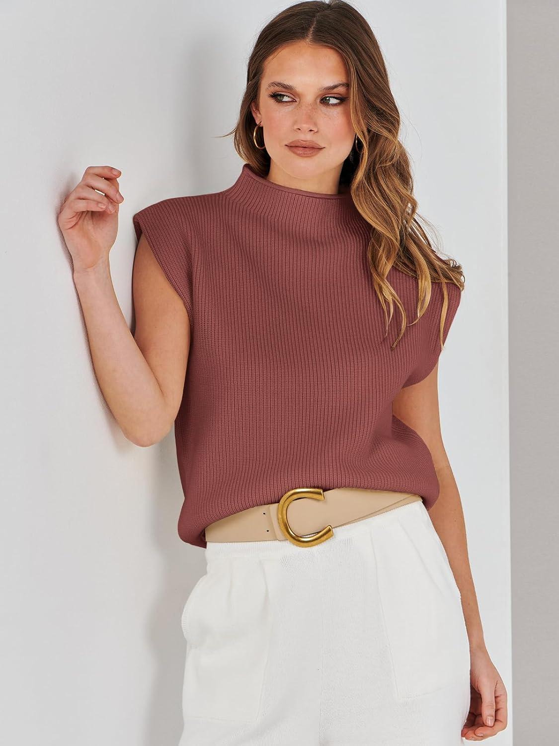 imageANRABESS Womens Mock Neck Sleeveless Sweater Vest Casual Cap Sleeve Knit Pullover Tank Tops 2025 Fall ClothesMaroon