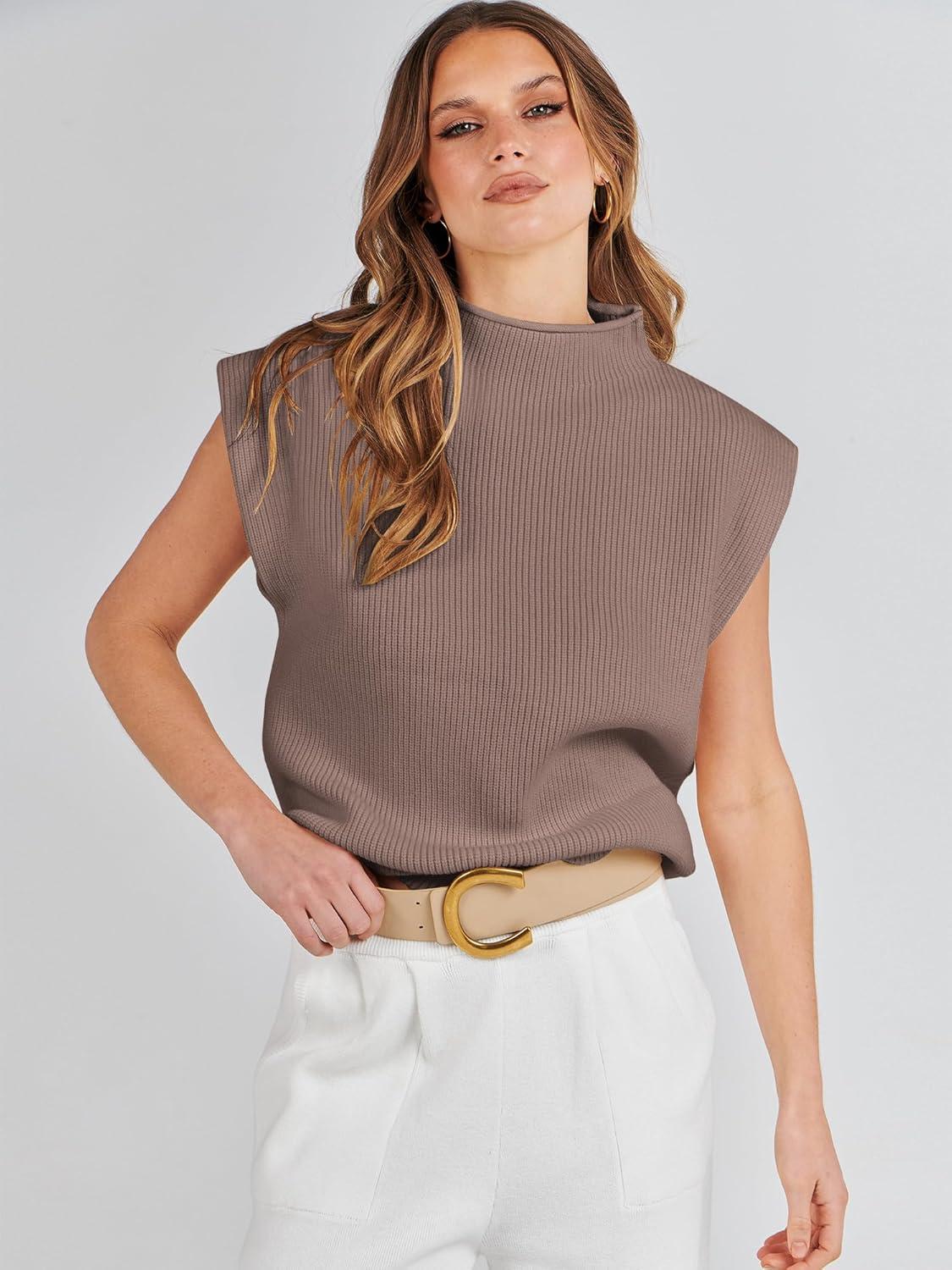 imageANRABESS Womens Mock Neck Sleeveless Sweater Vest Casual Cap Sleeve Knit Pullover Tank Tops 2025 Fall ClothesNutmeg