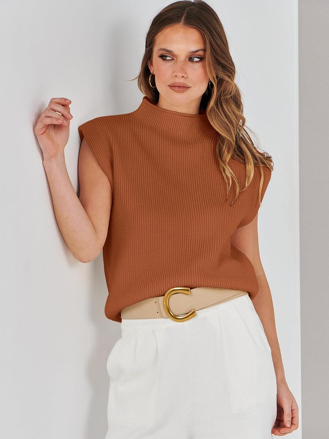 imageANRABESS Womens Mock Neck Sleeveless Sweater Vest Casual Cap Sleeve Knit Pullover Tank Tops 2025 Fall ClothesRust