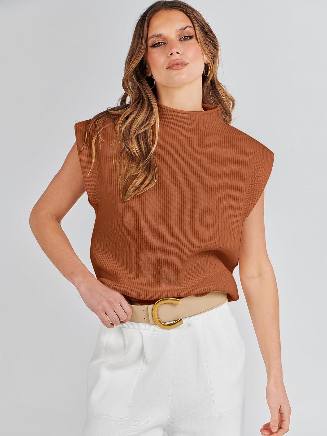 imageANRABESS Womens Mock Neck Sleeveless Sweater Vest Casual Cap Sleeve Knit Pullover Tank Tops 2025 Fall ClothesRust