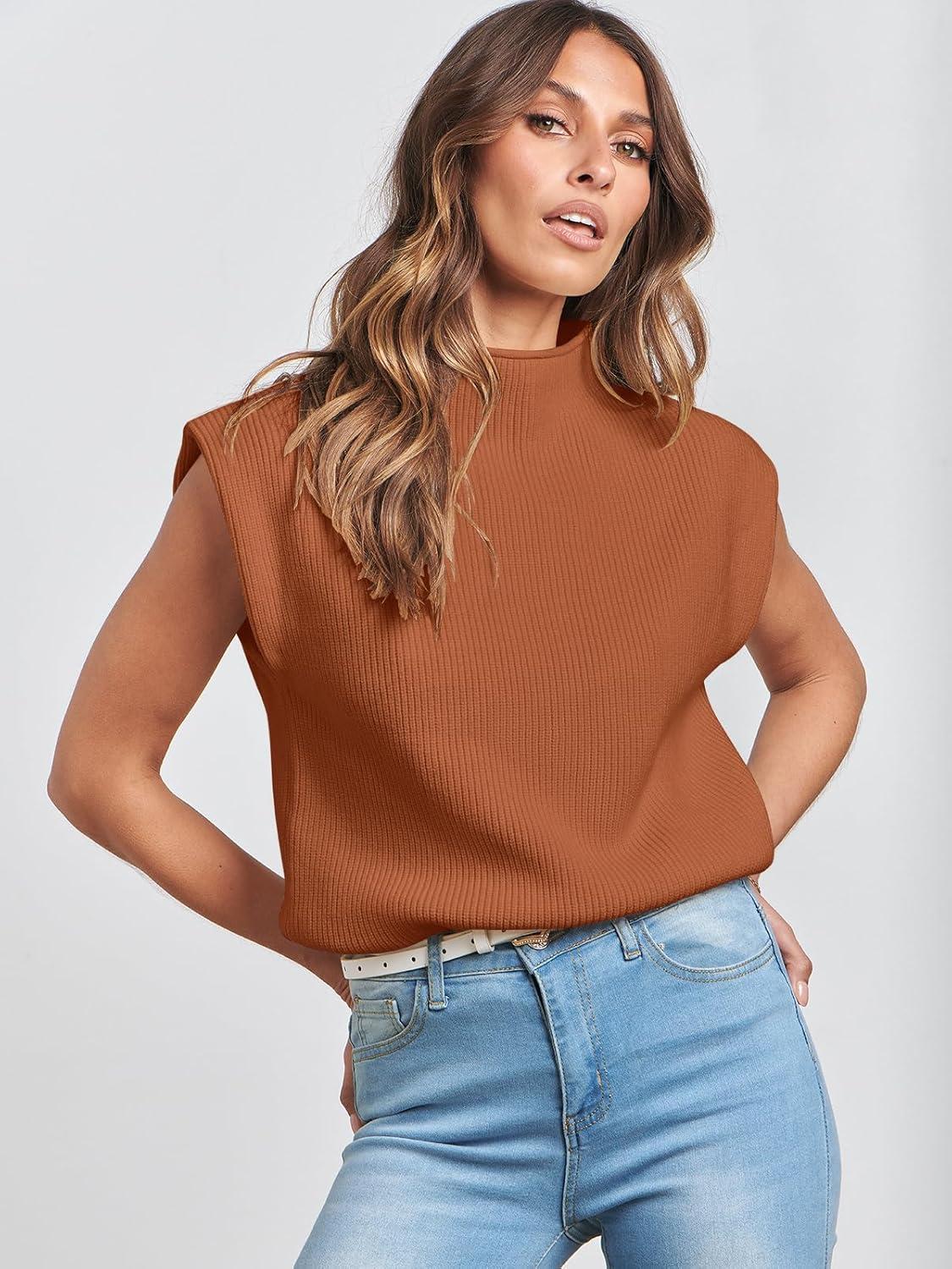 imageANRABESS Womens Mock Neck Sleeveless Sweater Vest Casual Cap Sleeve Knit Pullover Tank Tops 2025 Fall ClothesRust