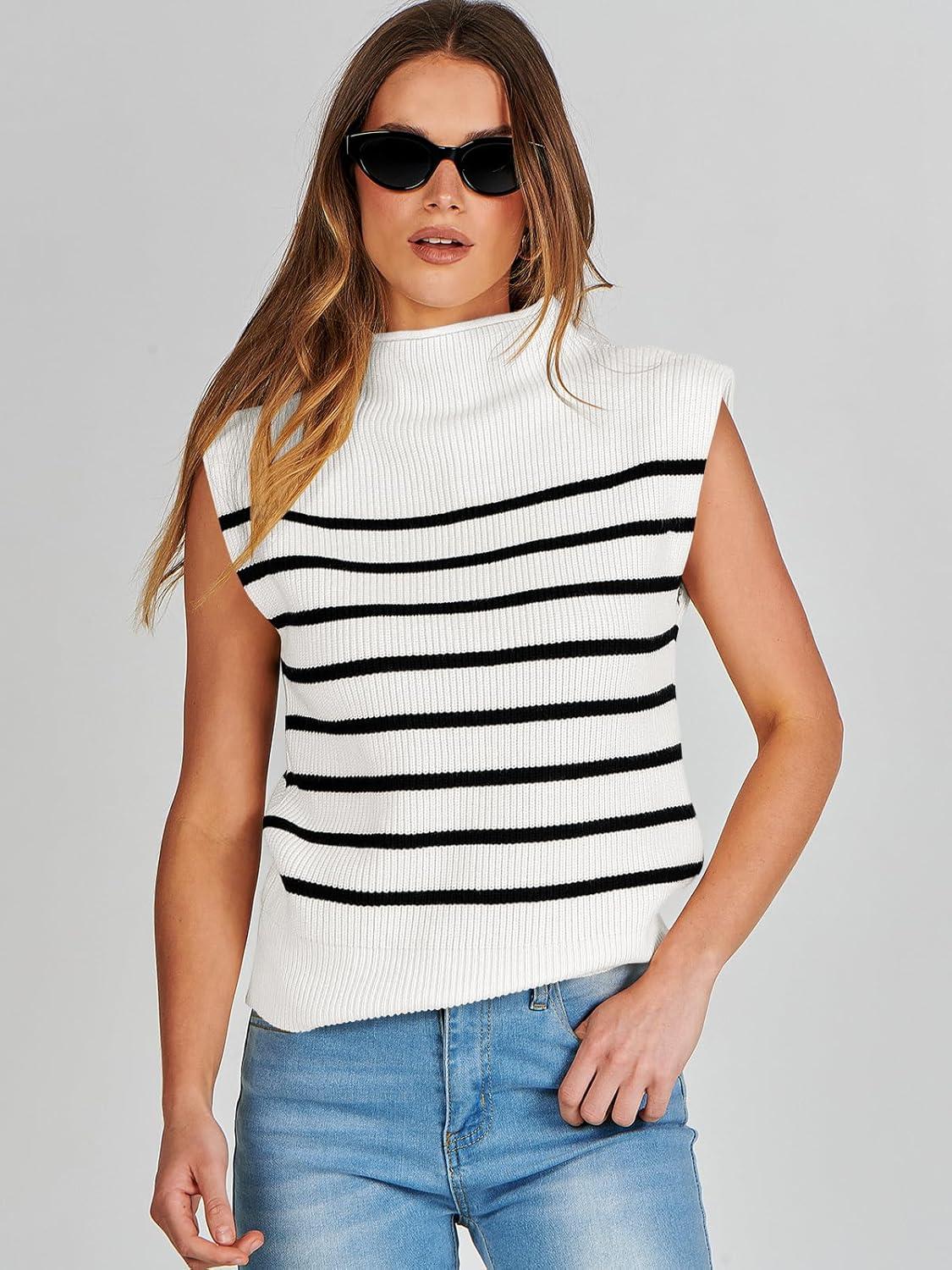 imageANRABESS Womens Mock Neck Sleeveless Sweater Vest Casual Cap Sleeve Knit Pullover Tank Tops 2025 Fall ClothesStrip White