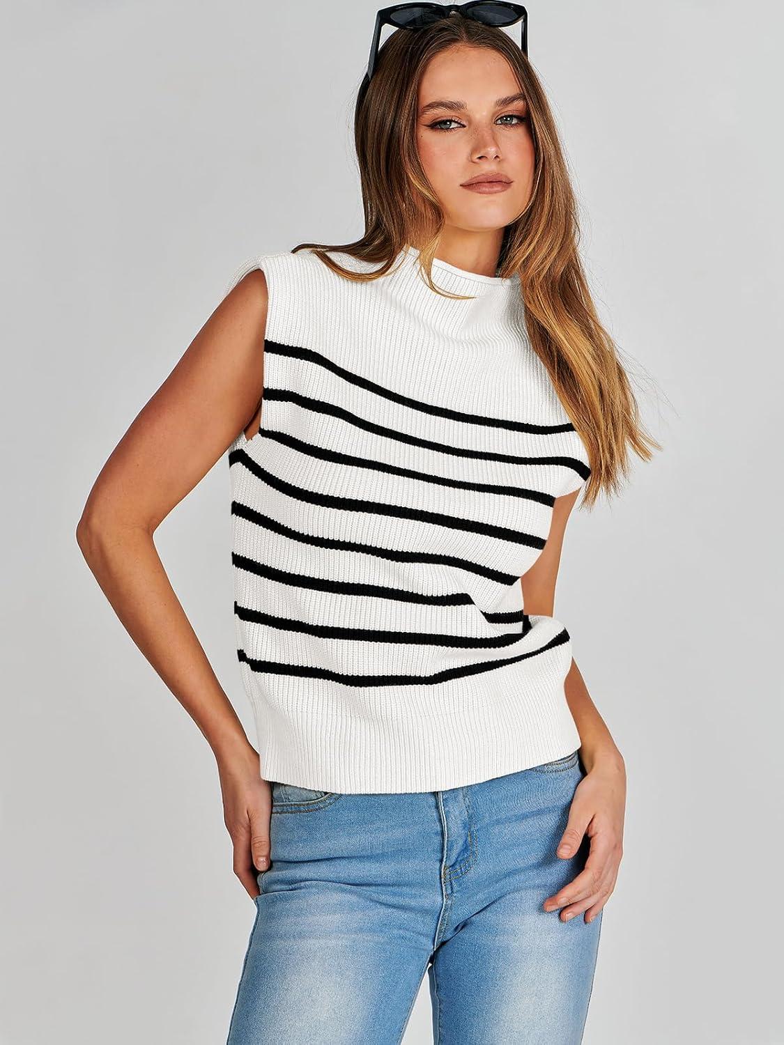 imageANRABESS Womens Mock Neck Sleeveless Sweater Vest Casual Cap Sleeve Knit Pullover Tank Tops 2025 Fall ClothesStrip White