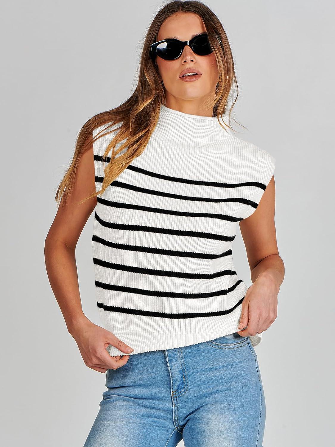 imageANRABESS Womens Mock Neck Sleeveless Sweater Vest Casual Cap Sleeve Knit Pullover Tank Tops 2025 Fall ClothesStrip White