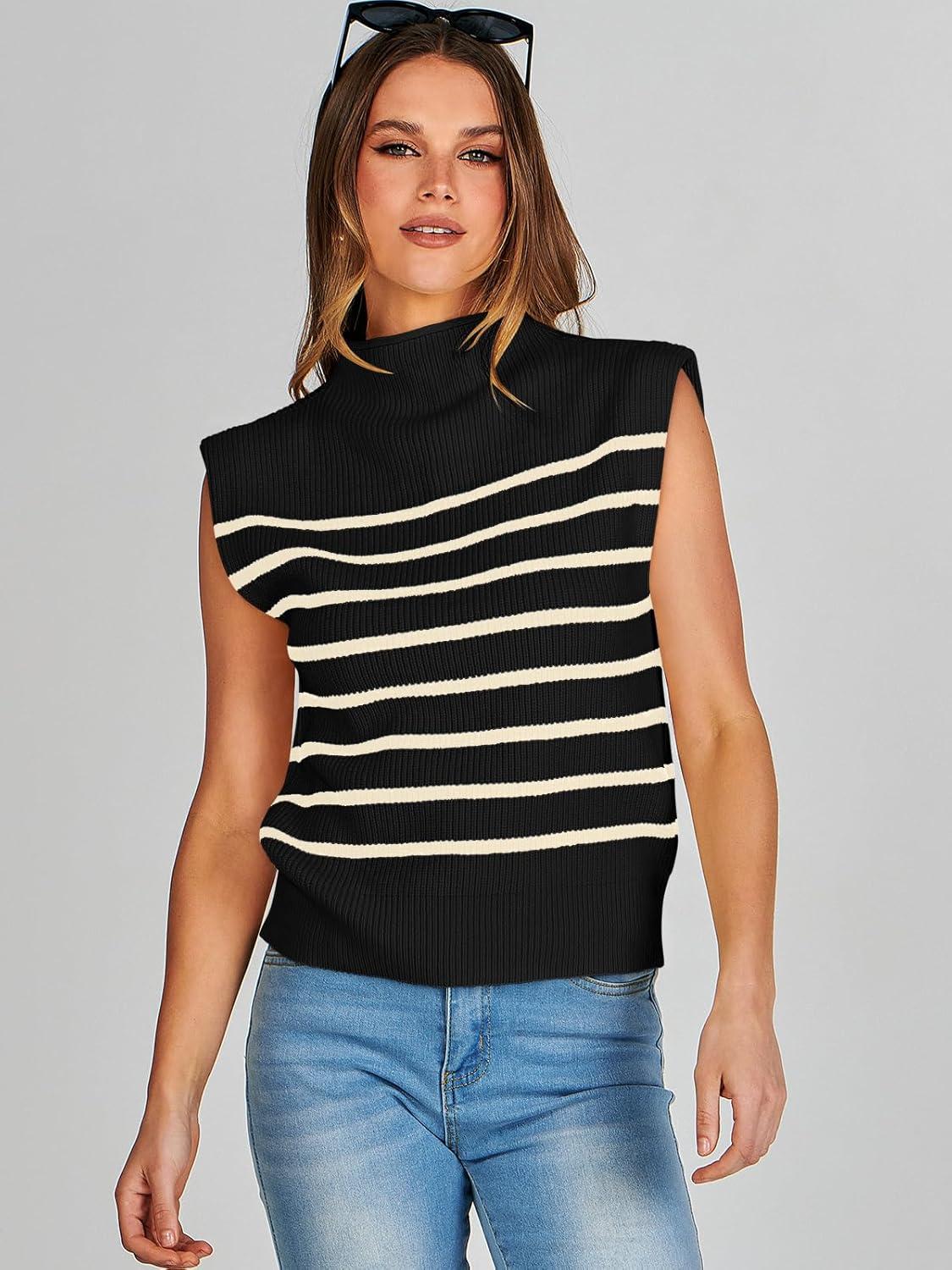 imageANRABESS Womens Mock Neck Sleeveless Sweater Vest Casual Cap Sleeve Knit Pullover Tank Tops 2025 Fall ClothesStripe Black