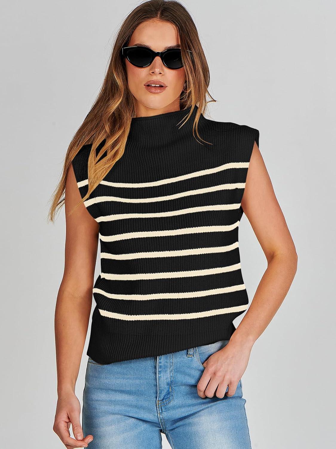 imageANRABESS Womens Mock Neck Sleeveless Sweater Vest Casual Cap Sleeve Knit Pullover Tank Tops 2025 Fall ClothesStripe Black