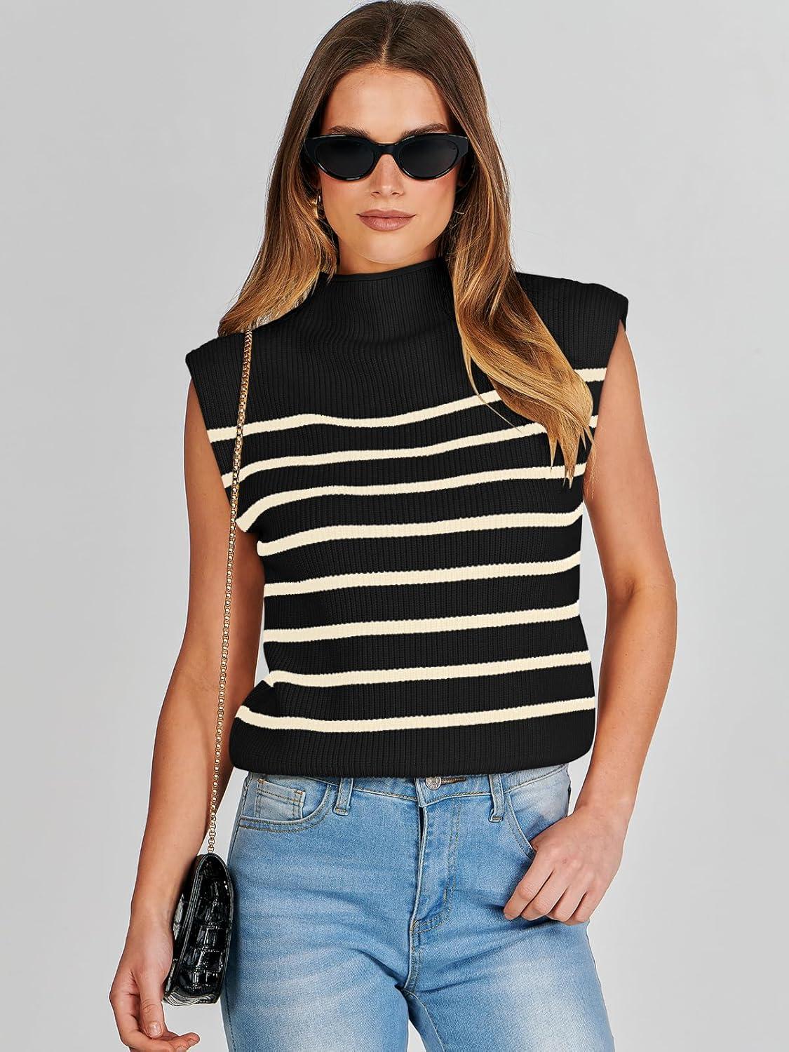 imageANRABESS Womens Mock Neck Sleeveless Sweater Vest Casual Cap Sleeve Knit Pullover Tank Tops 2025 Fall ClothesStripe Black