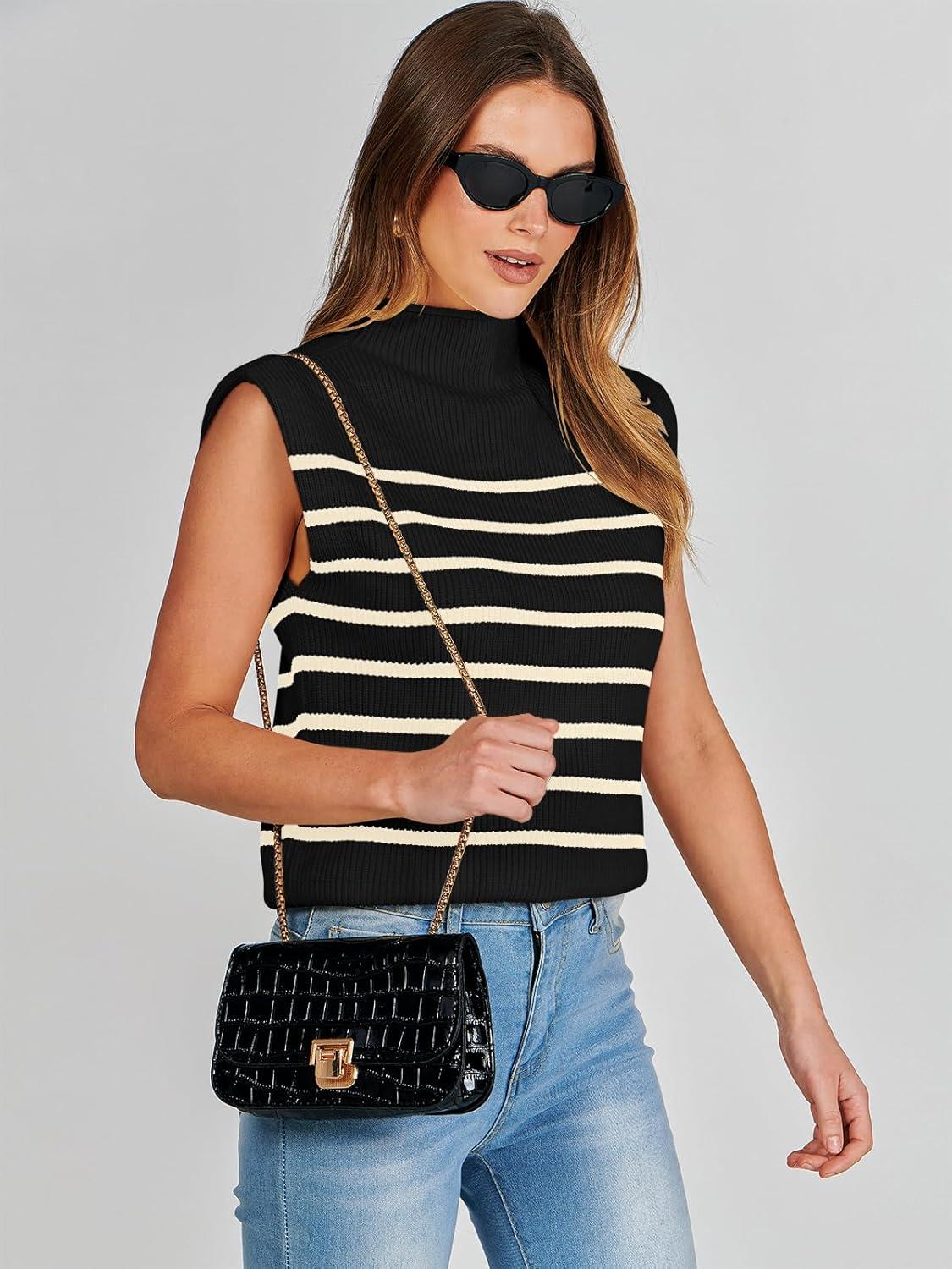 imageANRABESS Womens Mock Neck Sleeveless Sweater Vest Casual Cap Sleeve Knit Pullover Tank Tops 2025 Fall ClothesStripe Black