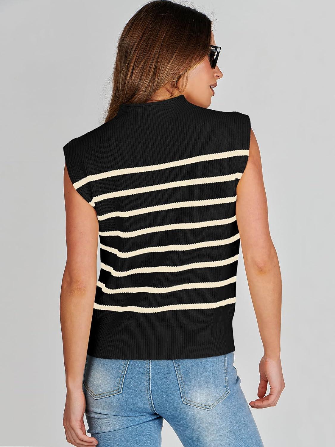 imageANRABESS Womens Mock Neck Sleeveless Sweater Vest Casual Cap Sleeve Knit Pullover Tank Tops 2025 Fall ClothesStripe Black