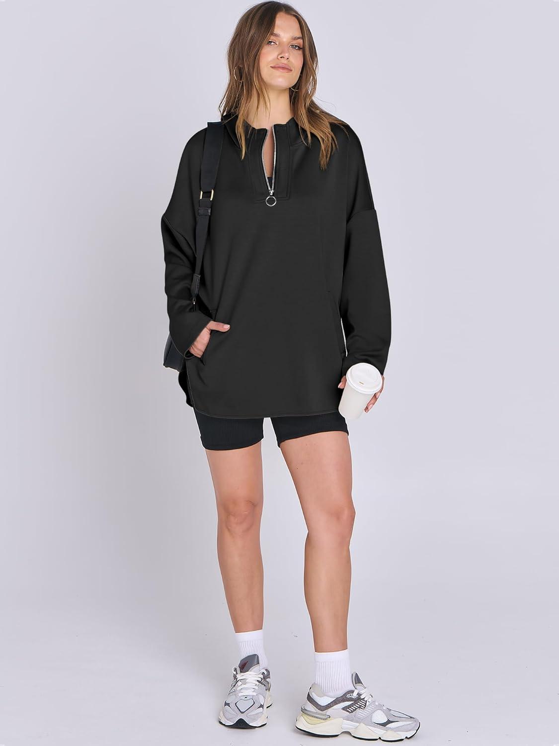 imageANRABESS Womens Oversized Hoodie Quarter Zip Sweatshirts 2025 Fall Winter Tunic Pullover Top Trendy Teen Girls Preppy ClothesBlack