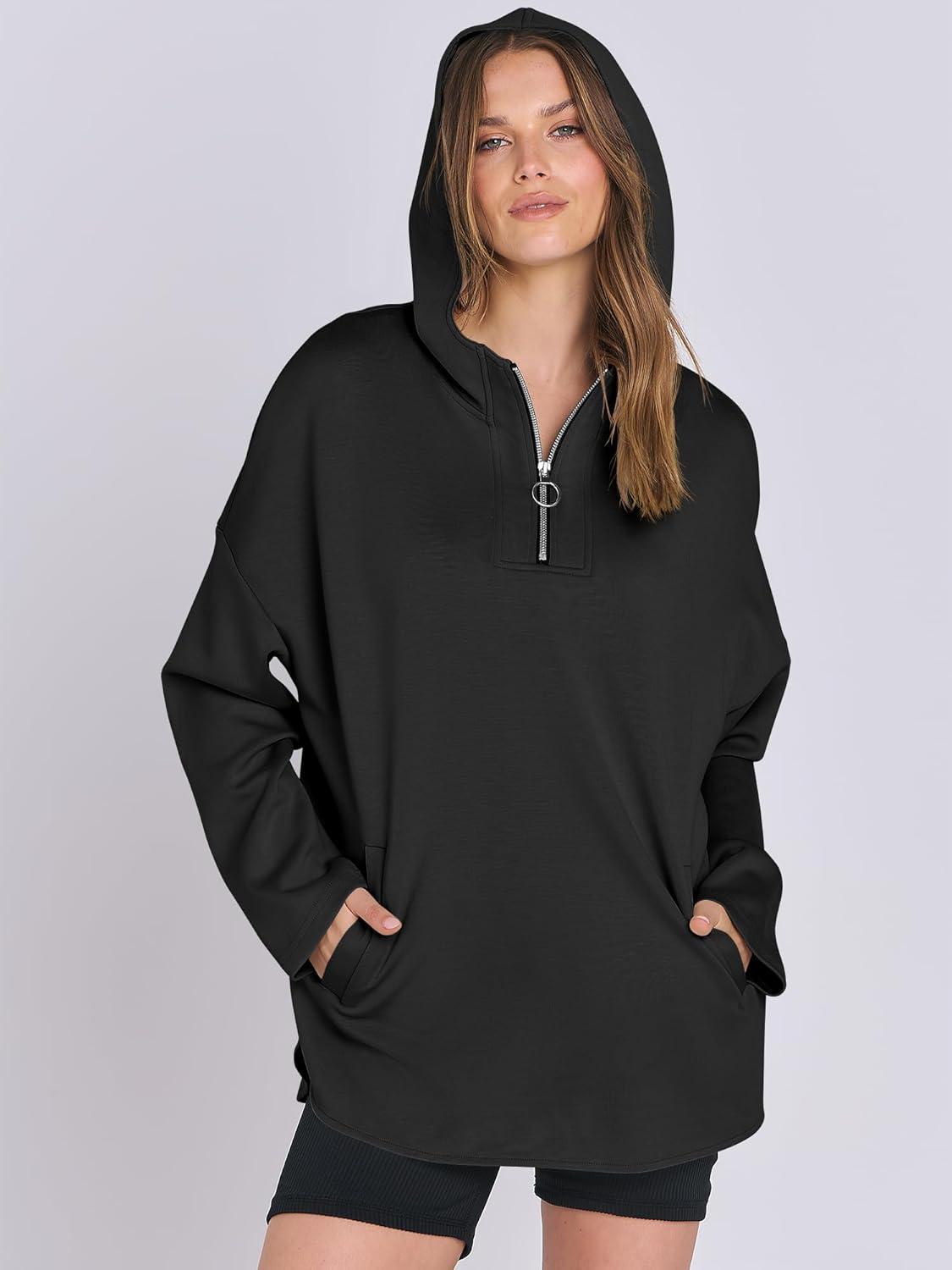 imageANRABESS Womens Oversized Hoodie Quarter Zip Sweatshirts 2025 Fall Winter Tunic Pullover Top Trendy Teen Girls Preppy ClothesBlack