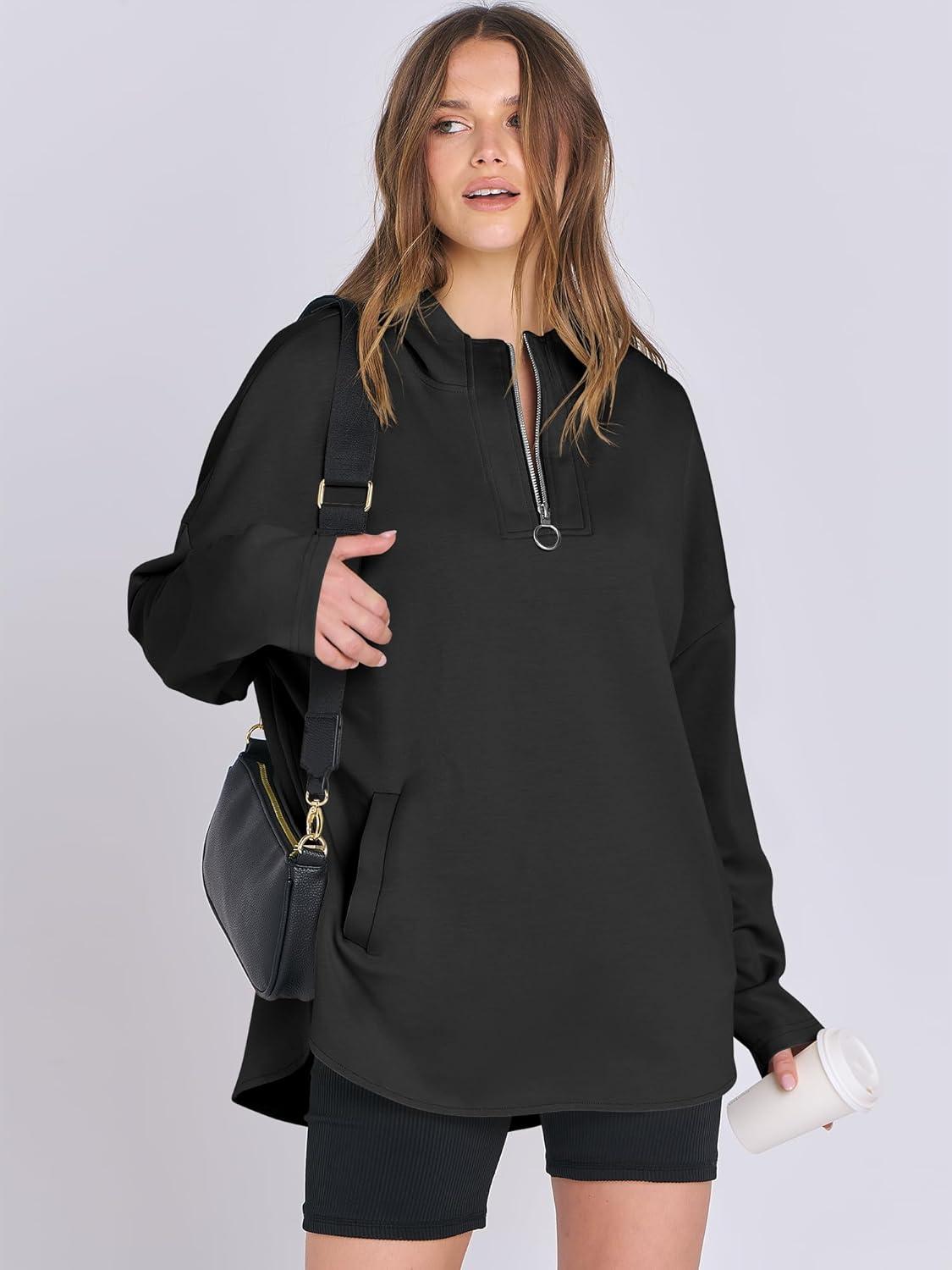 imageANRABESS Womens Oversized Hoodie Quarter Zip Sweatshirts 2025 Fall Winter Tunic Pullover Top Trendy Teen Girls Preppy ClothesBlack