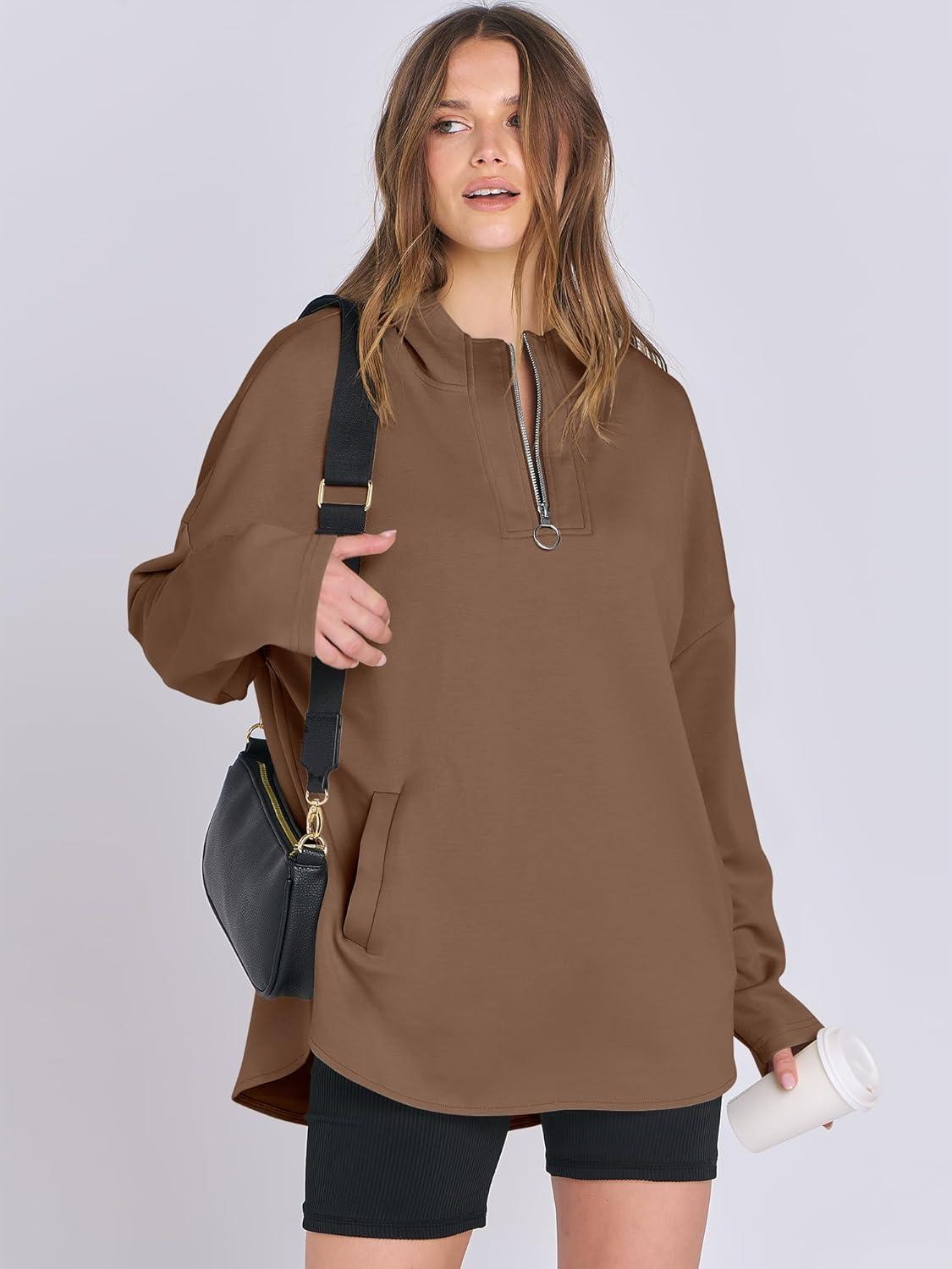 imageANRABESS Womens Oversized Hoodie Quarter Zip Sweatshirts 2025 Fall Winter Tunic Pullover Top Trendy Teen Girls Preppy ClothesBrown