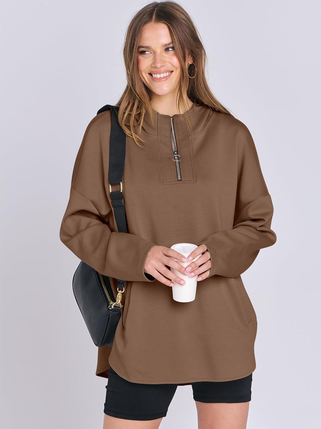 imageANRABESS Womens Oversized Hoodie Quarter Zip Sweatshirts 2025 Fall Winter Tunic Pullover Top Trendy Teen Girls Preppy ClothesBrown