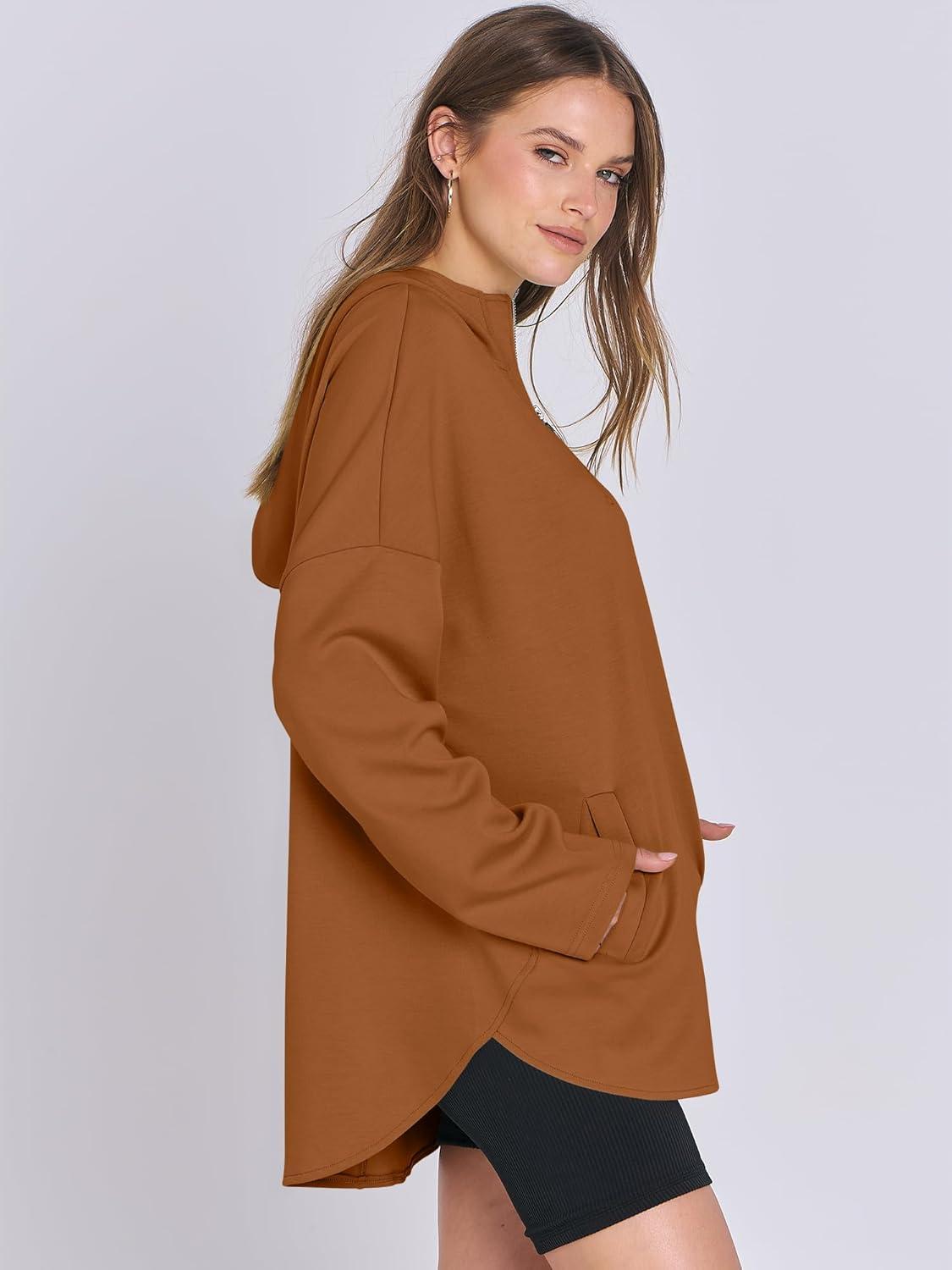imageANRABESS Womens Oversized Hoodie Quarter Zip Sweatshirts 2025 Fall Winter Tunic Pullover Top Trendy Teen Girls Preppy ClothesCaramel
