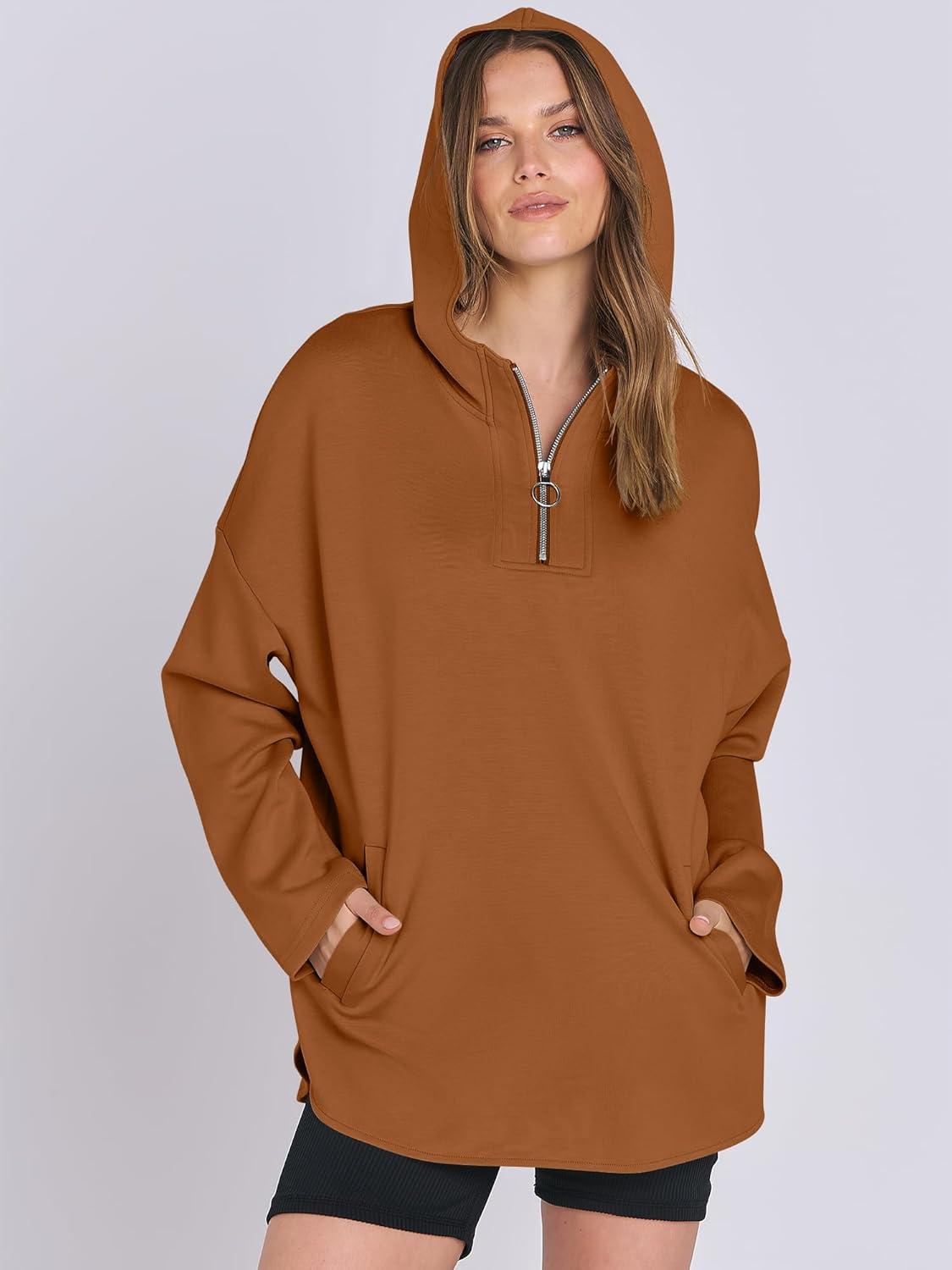 imageANRABESS Womens Oversized Hoodie Quarter Zip Sweatshirts 2025 Fall Winter Tunic Pullover Top Trendy Teen Girls Preppy ClothesCaramel