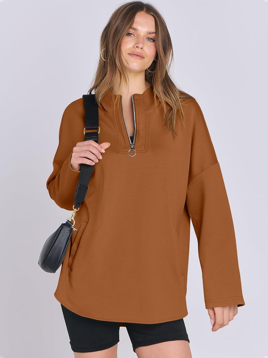 imageANRABESS Womens Oversized Hoodie Quarter Zip Sweatshirts 2025 Fall Winter Tunic Pullover Top Trendy Teen Girls Preppy ClothesCaramel
