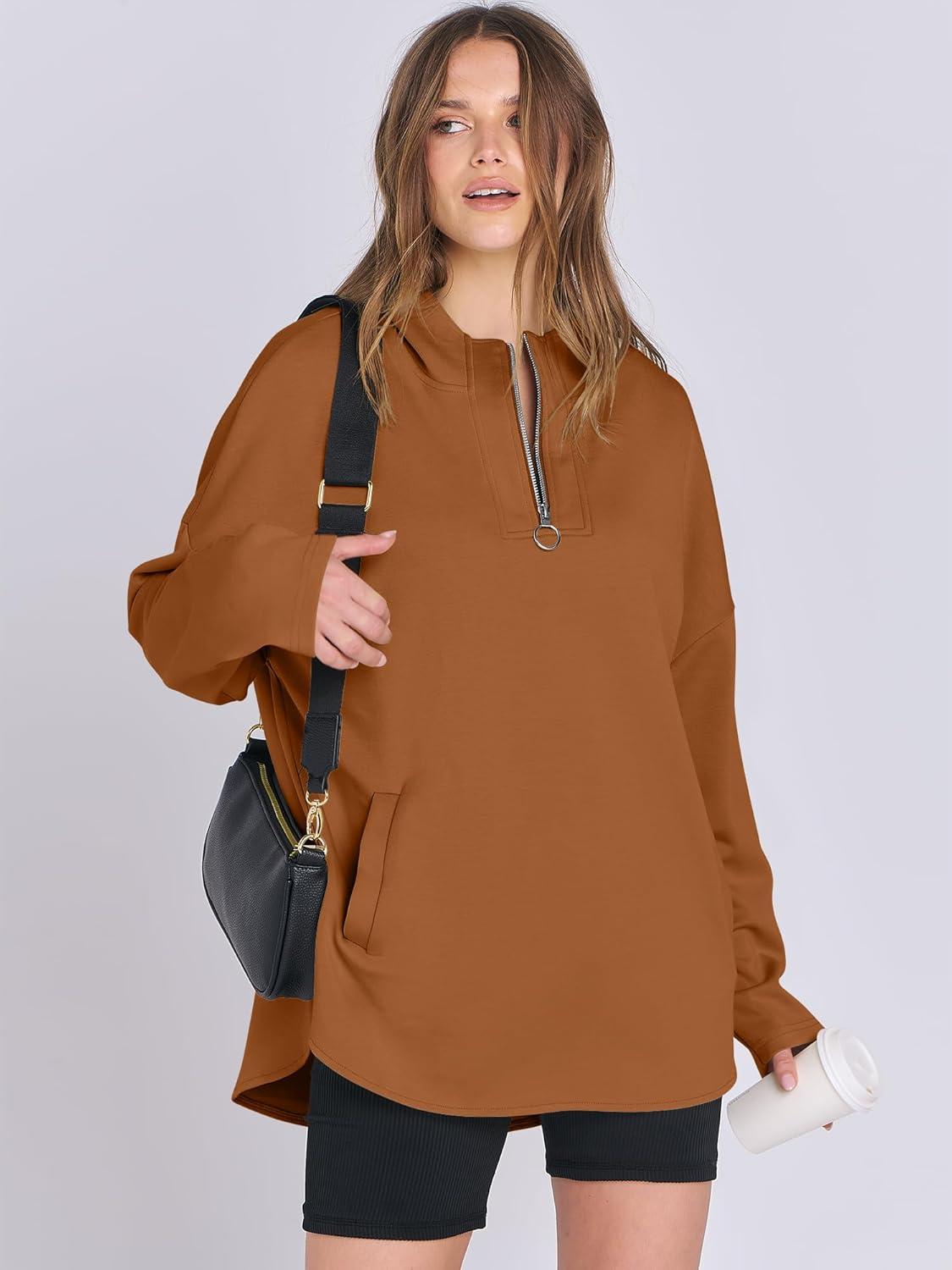 imageANRABESS Womens Oversized Hoodie Quarter Zip Sweatshirts 2025 Fall Winter Tunic Pullover Top Trendy Teen Girls Preppy ClothesCaramel