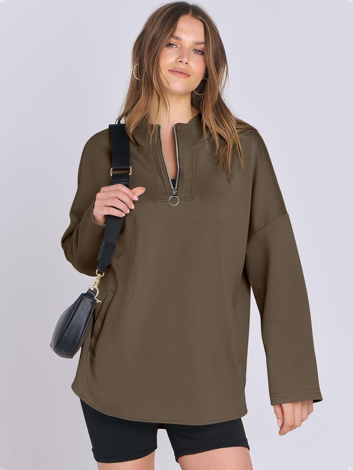 imageANRABESS Womens Oversized Hoodie Quarter Zip Sweatshirts 2025 Fall Winter Tunic Pullover Top Trendy Teen Girls Preppy ClothesCoffee
