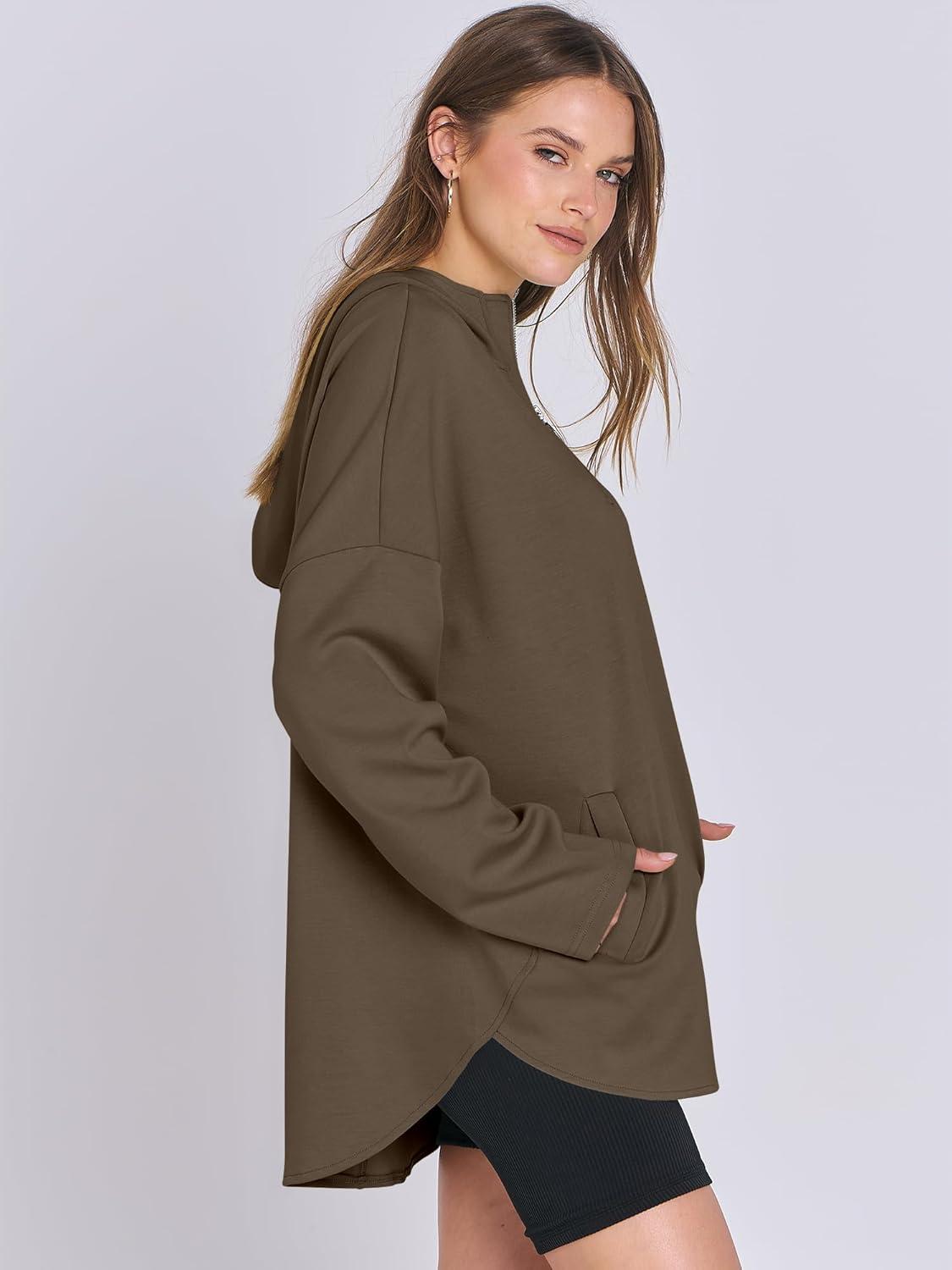 imageANRABESS Womens Oversized Hoodie Quarter Zip Sweatshirts 2025 Fall Winter Tunic Pullover Top Trendy Teen Girls Preppy ClothesCoffee
