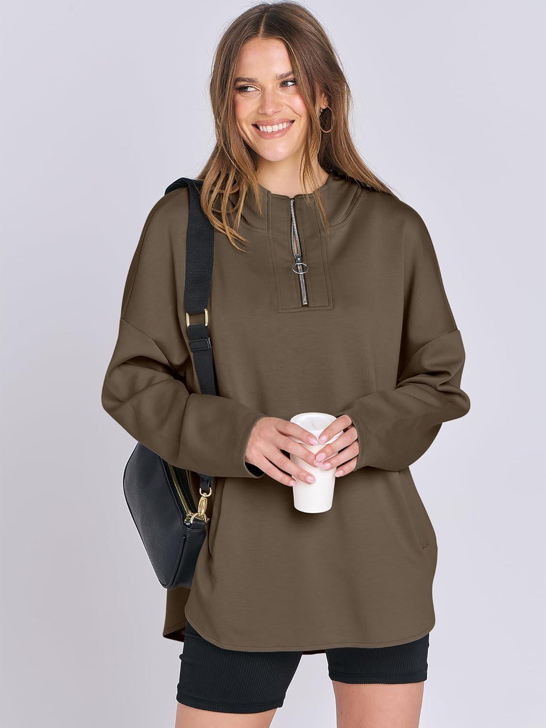 imageANRABESS Womens Oversized Hoodie Quarter Zip Sweatshirts 2025 Fall Winter Tunic Pullover Top Trendy Teen Girls Preppy ClothesCoffee
