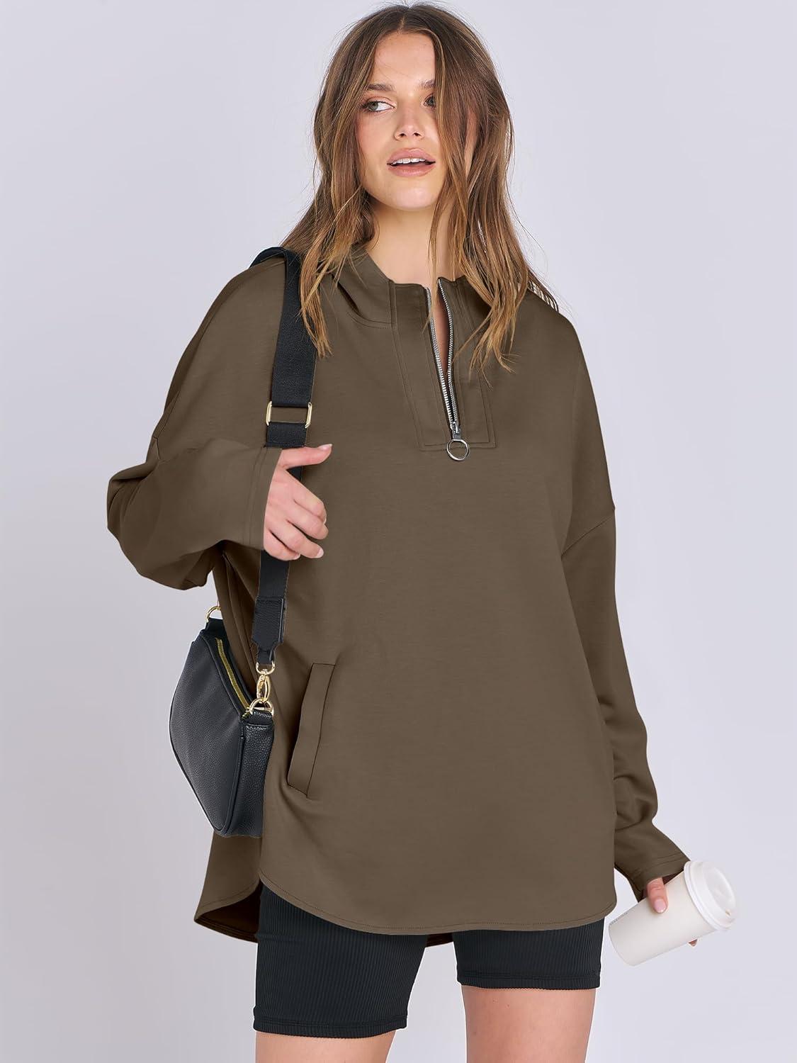 imageANRABESS Womens Oversized Hoodie Quarter Zip Sweatshirts 2025 Fall Winter Tunic Pullover Top Trendy Teen Girls Preppy ClothesCoffee