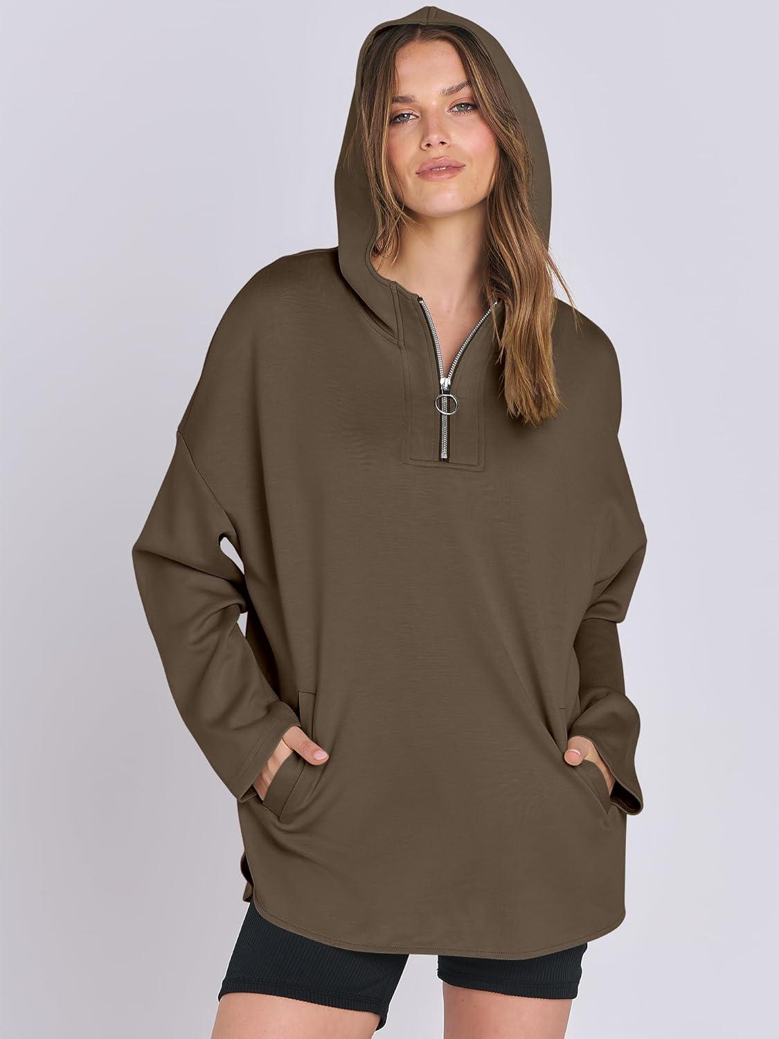 imageANRABESS Womens Oversized Hoodie Quarter Zip Sweatshirts 2025 Fall Winter Tunic Pullover Top Trendy Teen Girls Preppy ClothesCoffee