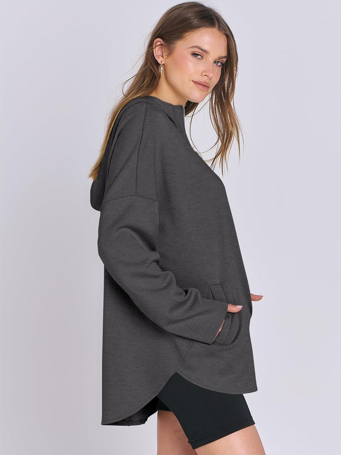 imageANRABESS Womens Oversized Hoodie Quarter Zip Sweatshirts 2025 Fall Winter Tunic Pullover Top Trendy Teen Girls Preppy ClothesDark Grey